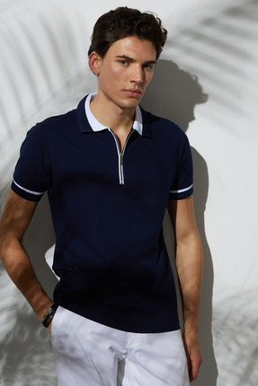 Tudors Erkek Slim Fit Dar Kesim %100 Pamuk Düz Pike Fermuarlı Lacivert Polo Y...