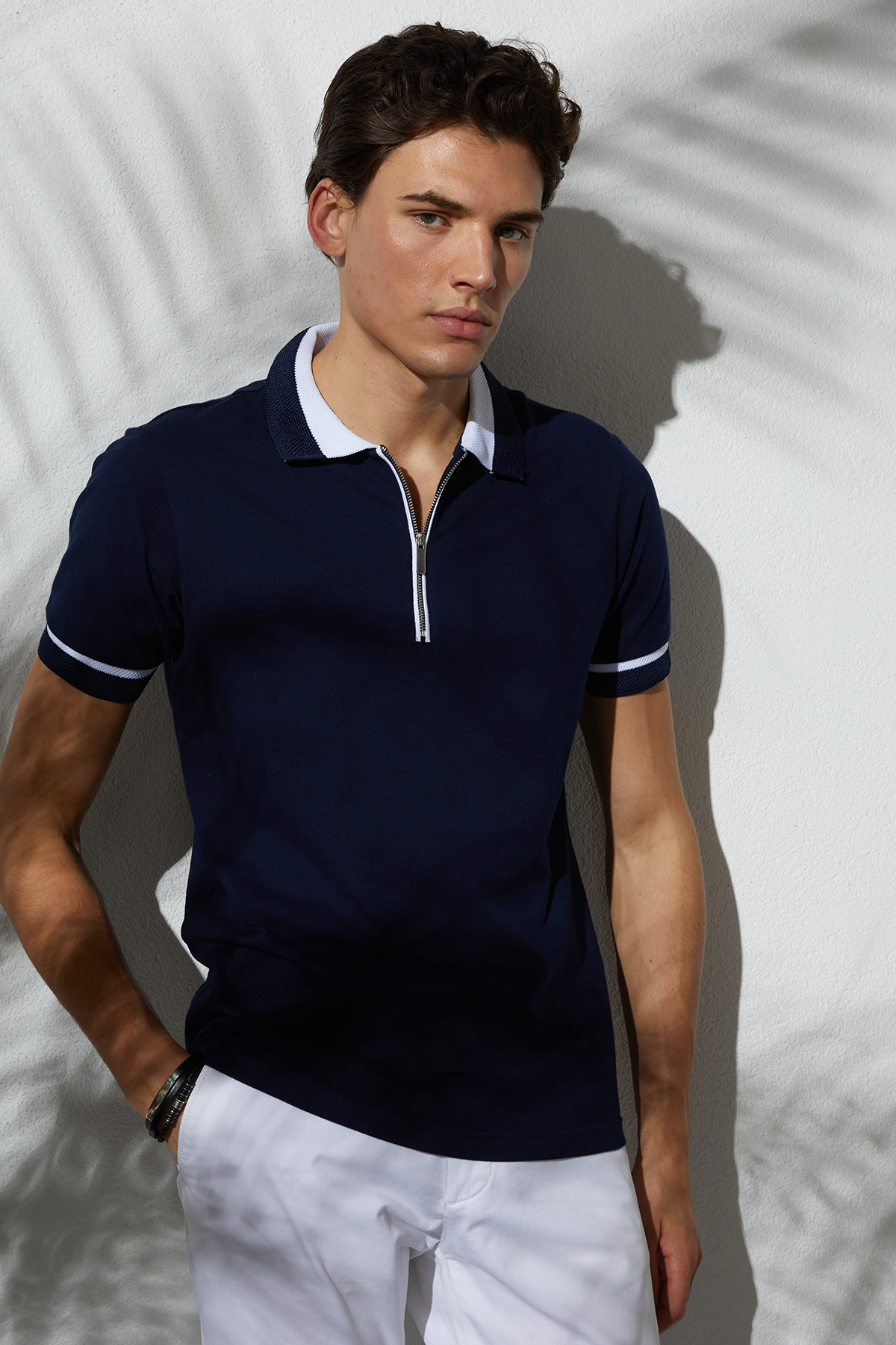 Men's Slim Fit Slim Fit 100% Cotton Plain Pique Zippered Navy Blue Polo Neck T-Shirt
