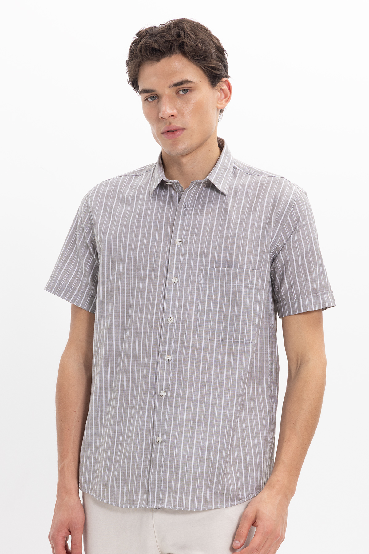 Men's Regular Fit Classic Cut Oversize 100% Cotton Short Sleeve Linen Texture Single Pocket Striped Shirt