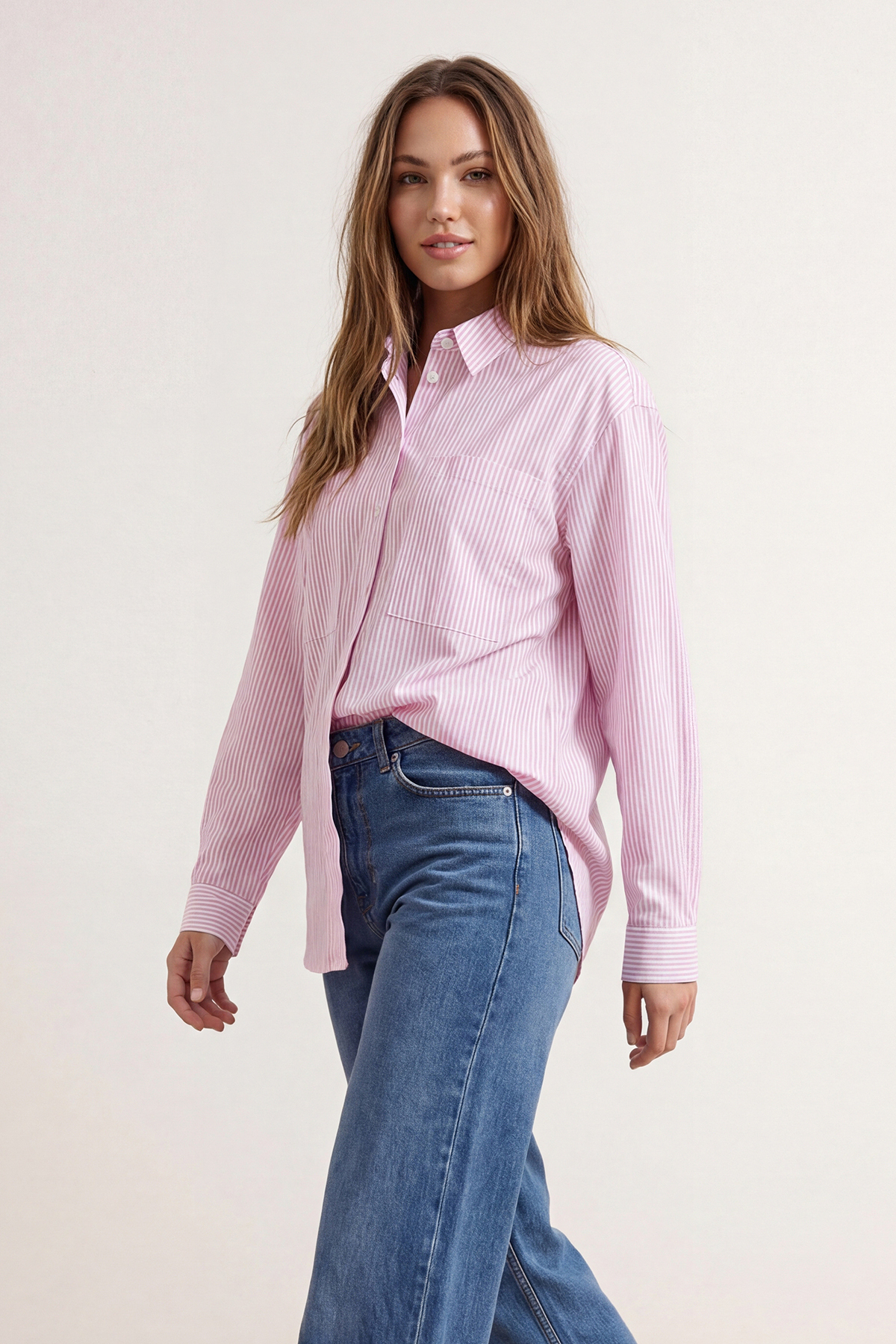Συλλογή Trendyol Ροζ ριγέ υπερμεγέθη υφαντό πουκάμισο TWOAW23GO00359