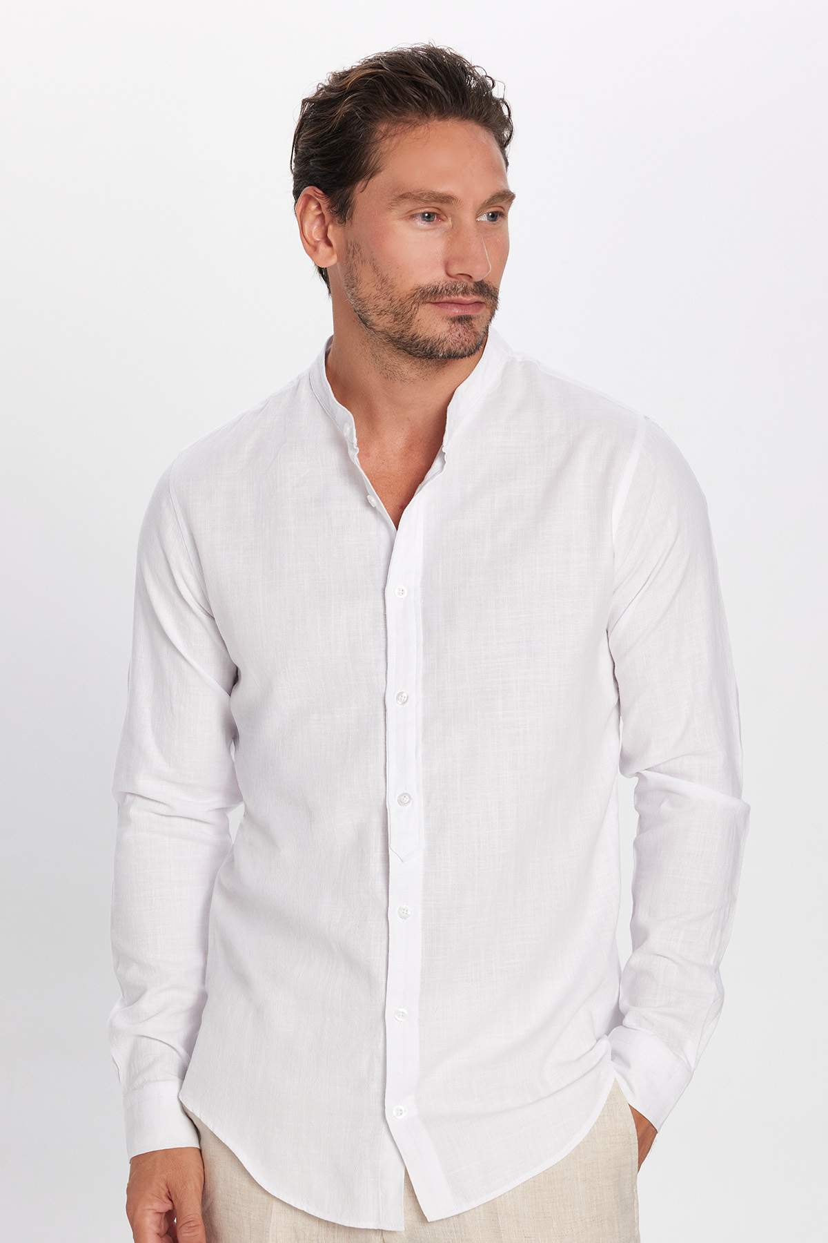 Men's Slim Fit Slim Fit Long Sleeve 100% Cotton Linen Texture Dominant Collar White Shirt