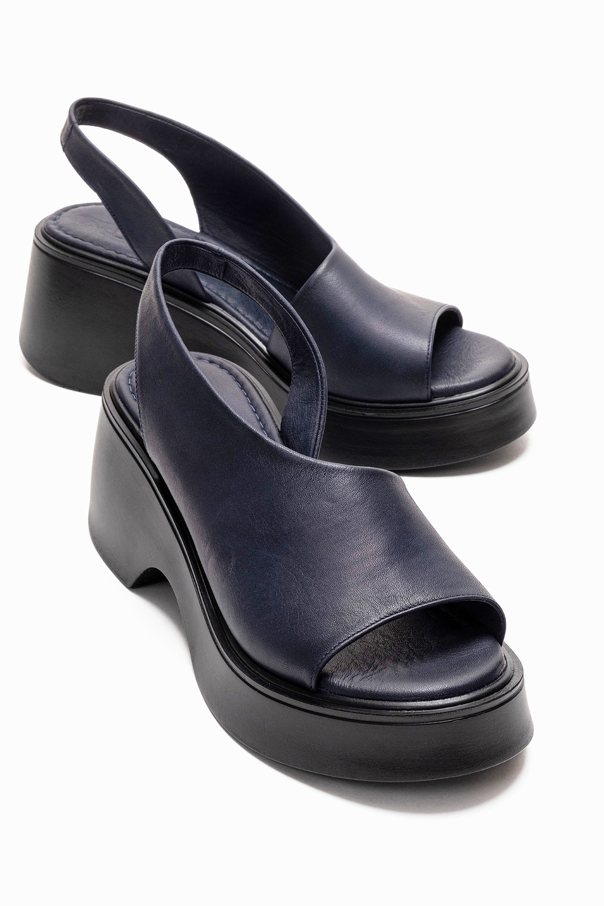 ROY Navy Blue Skin Genuine Leather Women's Filling Heel Sandals