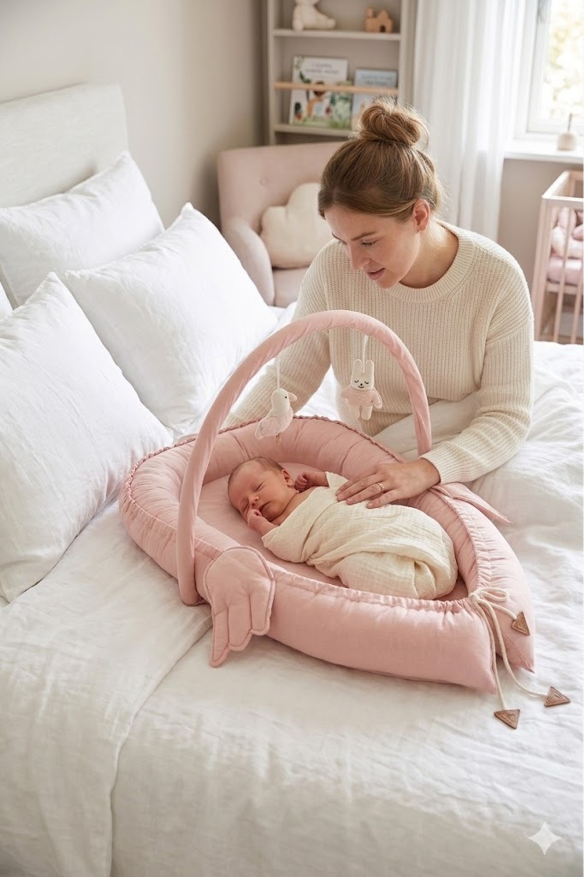 Babynest with Angel Wings, Baby Bed-pink, my first Bed, Baby Nest with Toy Bar