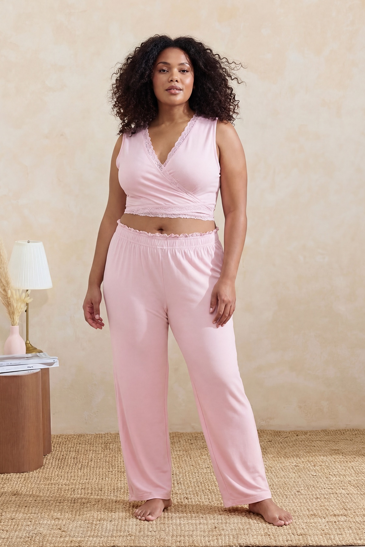 Trendyolmilla Curve Pembe Kruvaze Dantel Detaylı Viskon Örme Pijama Takımı TBBSS26AI00079