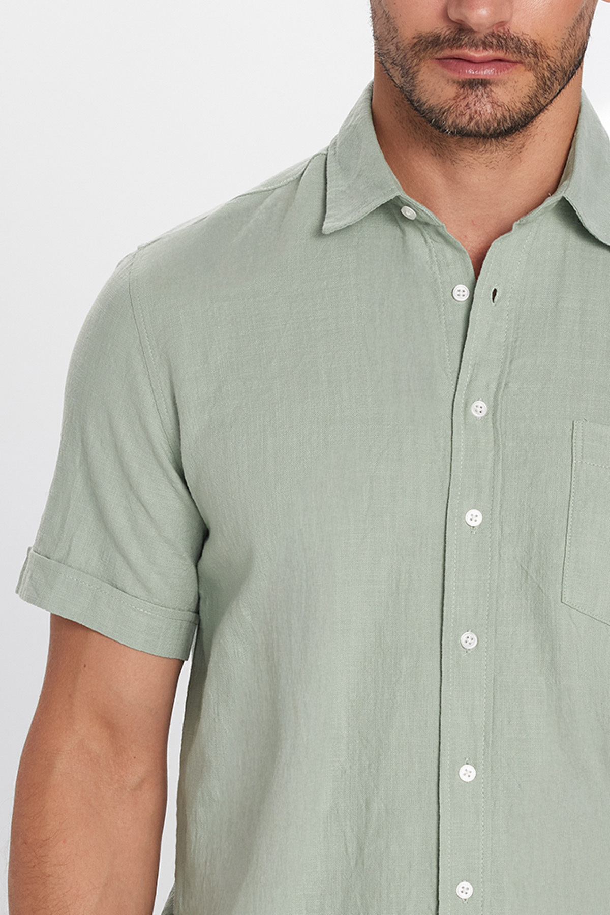 Tudors  Erkek Regular Fit Klasik Kesim Oversize %100 Pamuk Keten Doku Cepli Yeşil Gömlek - Görsel 4