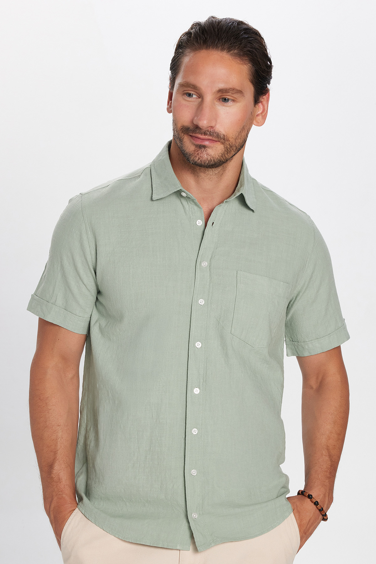 Tudors  Erkek Regular Fit Klasik Kesim Oversize %100 Pamuk Keten Doku Cepli Yeşil Gömlek - Görsel 3