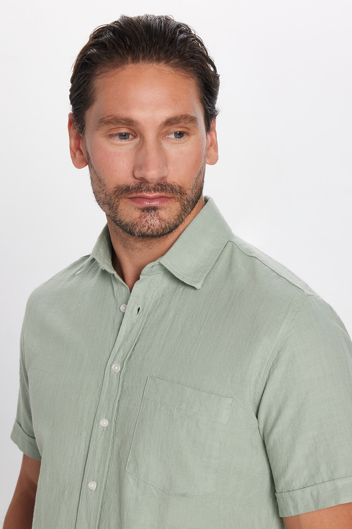 Tudors  Erkek Regular Fit Klasik Kesim Oversize %100 Pamuk Keten Doku Cepli Yeşil Gömlek - Görsel 6