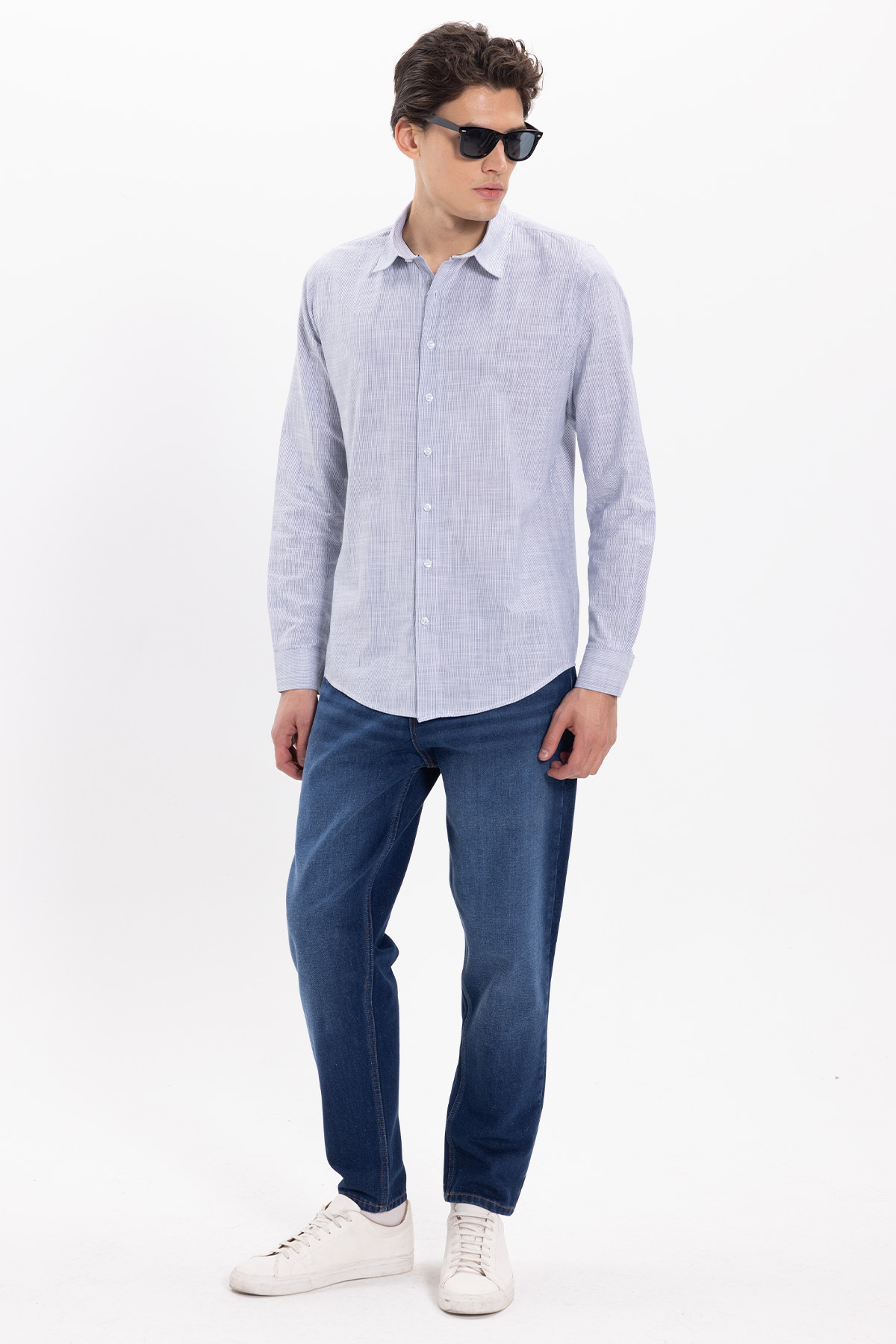 پیراهن تودورز مردانه کتان پنبه ای آبی سرمه ای کژوال / روزمره راه راه Slim Fit/اسلیم فیت    بیسیک کژوال/روزمره | Tudors DR250030 TR - تصویر 2