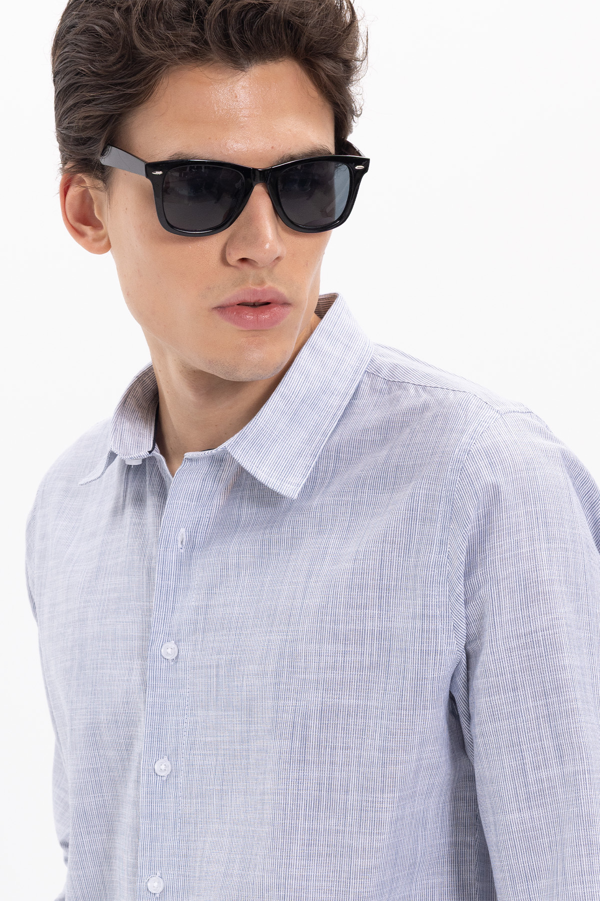 پیراهن تودورز مردانه کتان پنبه ای آبی سرمه ای کژوال / روزمره راه راه Slim Fit/اسلیم فیت    بیسیک کژوال/روزمره | Tudors DR250030 TR - تصویر 5
