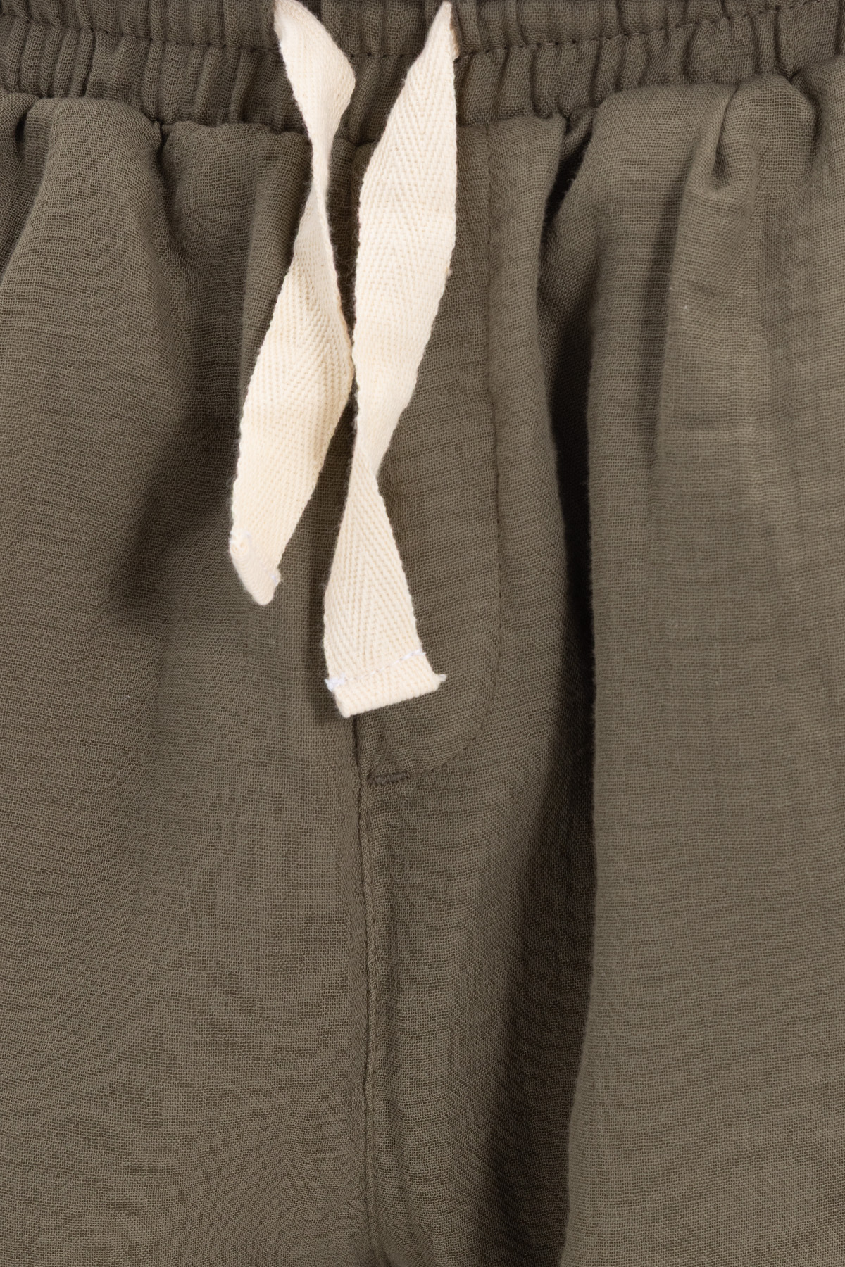 Tudors  Erkek Baggy Fit Geniş Kesim %100 Pamuk Beli Lastikli Yandan Cepli Müslin Haki Düz Pantolon - Görsel 6