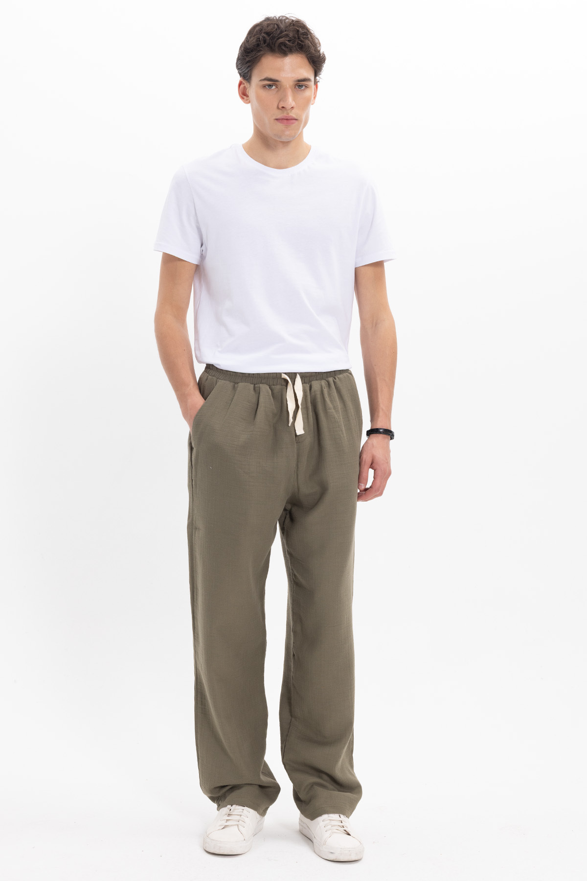 Tudors  Erkek Baggy Fit Geniş Kesim %100 Pamuk Beli Lastikli Yandan Cepli Müslin Haki Düz Pantolon - Görsel 3