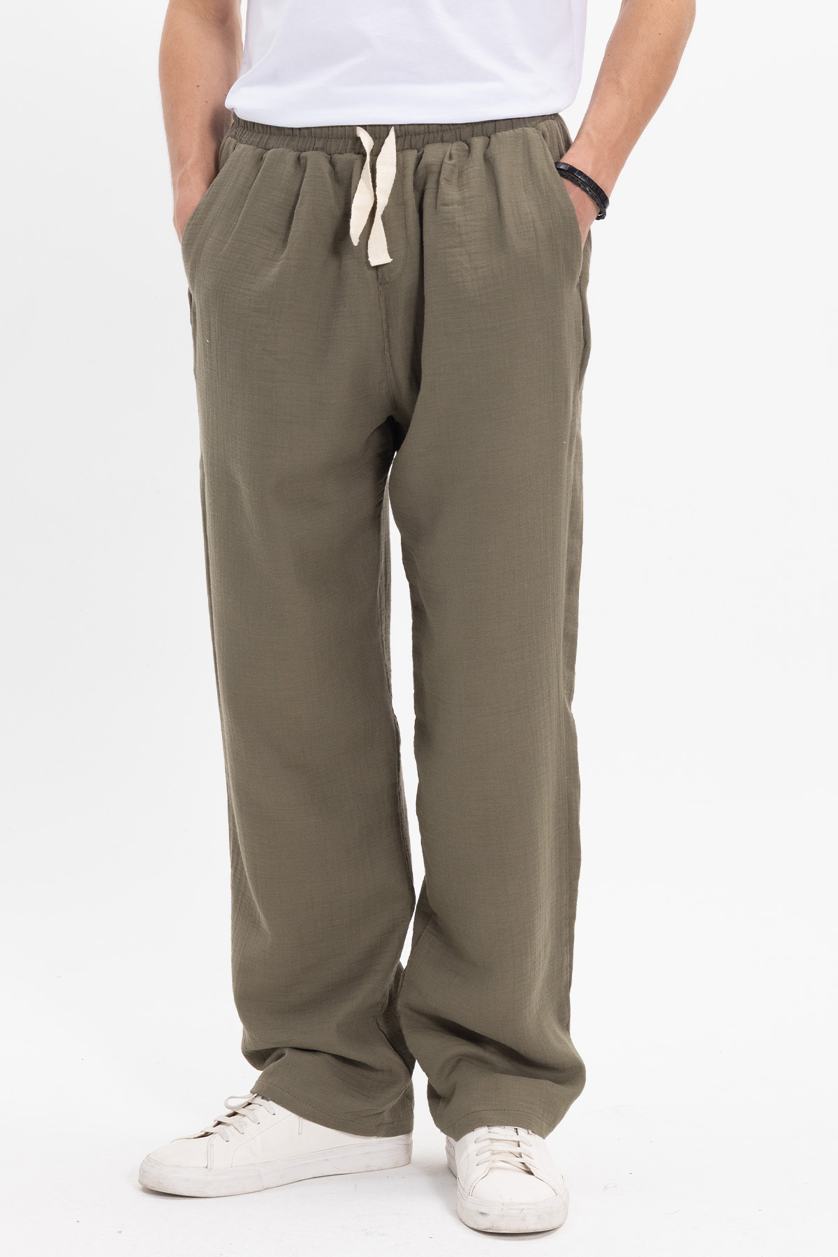Tudors  Erkek Baggy Fit Geniş Kesim %100 Pamuk Beli Lastikli Yandan Cepli Müslin Haki Düz Pantolon - Görsel 2