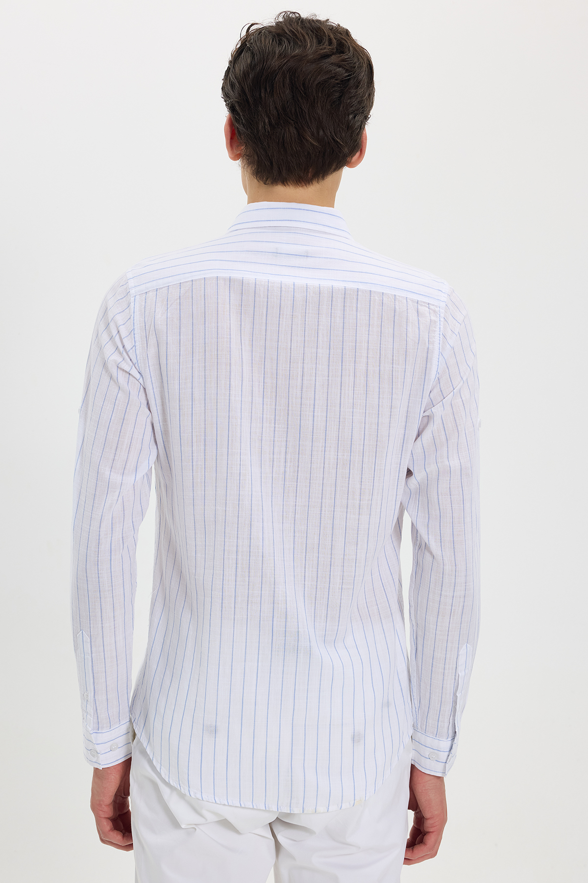 پیراهن تودورز مردانه کتان پنبه ای آبی بیسیک راه راه Slim Fit/اسلیم فیت    بیسیک کژوال/روزمره | Tudors DR240048-2045 TR - تصویر 7