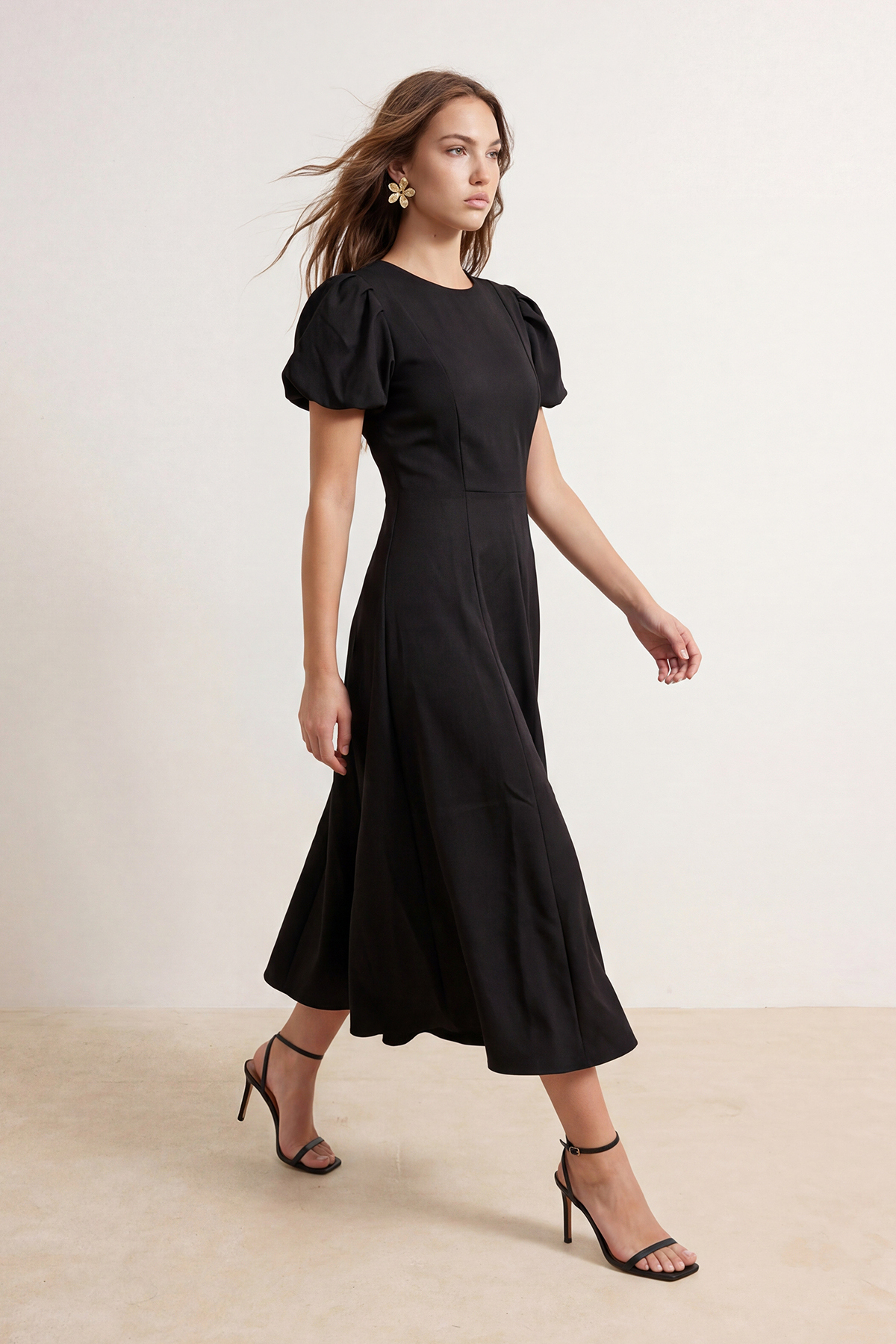 Trendyolmilla  Siyah Prenses Kol Midi Dokuma Elbise TWOSS26EL00892 - Görsel 2