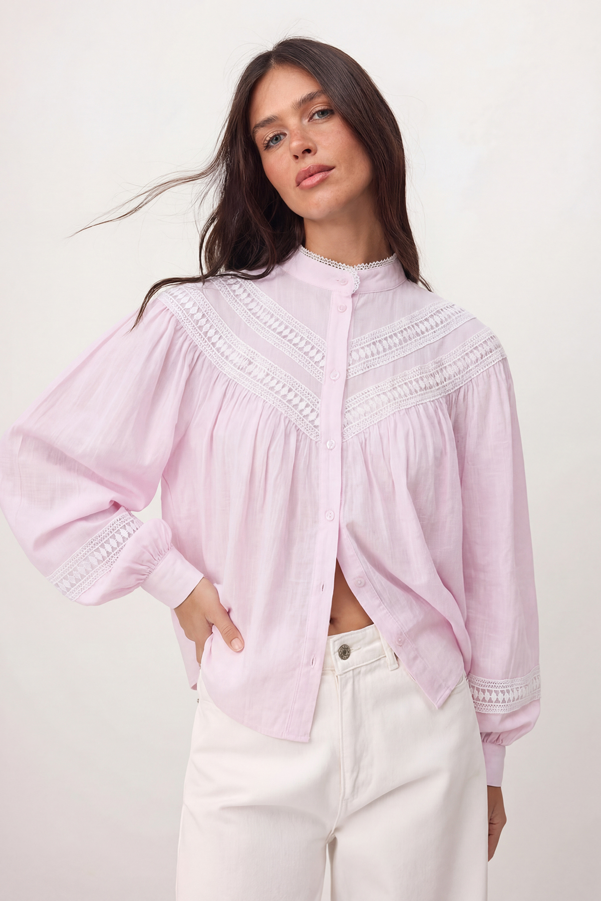 Trendyolmilla  Pembe Dantel Detaylı Geniş Kalıp Bohem Gömlek TWOSS26GO00179 - Görsel 6