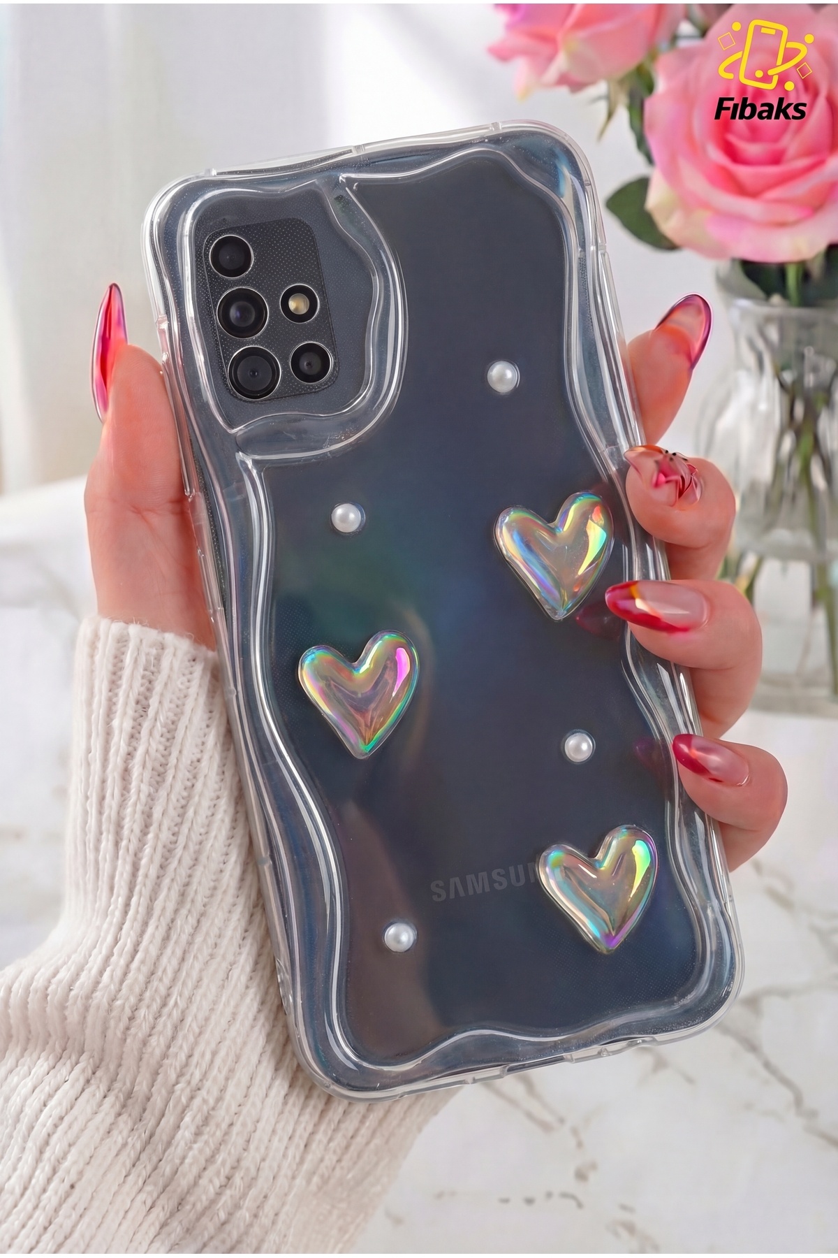 Galaxy A51 Case 3D Heart Pearl Design Patterned Camera Protected Transparent Silicone Cover