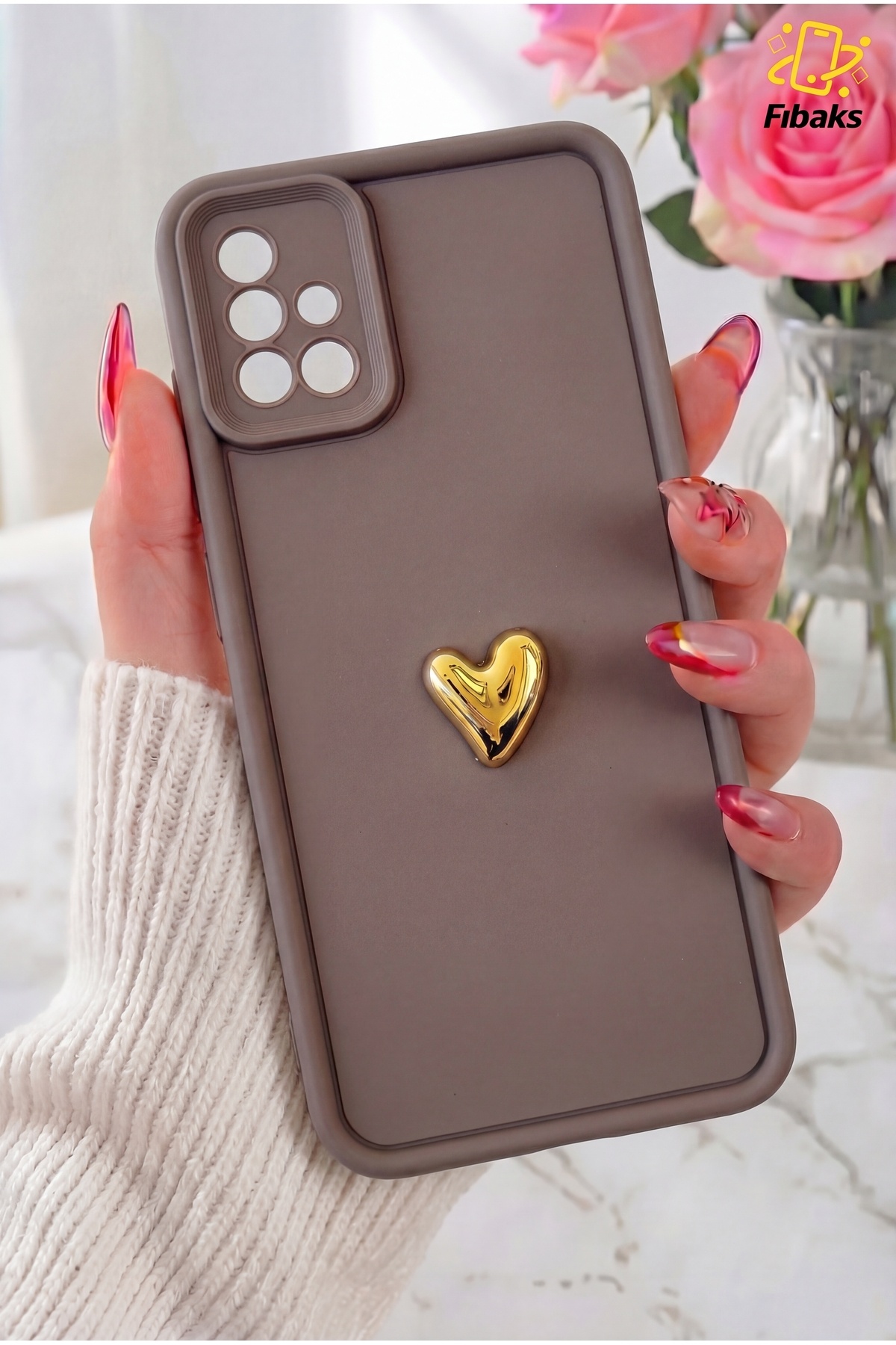 Galaxy A51 Case Brown Pattern Soft Camera Protected Silicone Cover with 3D Heart Design