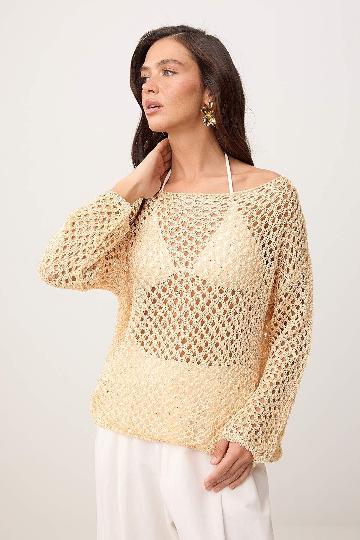 Trendyolmilla  Altın Payetli İplik Ajurlu Kayık Yaka Triko Kazak TWOSS26KZ00005 - Görsel 6