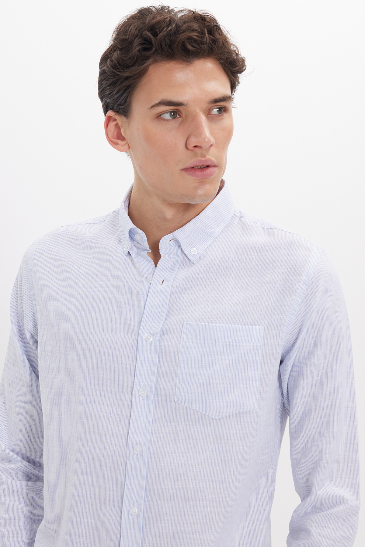 پیراهن تودورز مردانه کتان پنبه ای آبی کژوال / روزمره راه راه Slim Fit/اسلیم فیت    Slim/اسلیم فیت کژوال/روزمره | Tudors DR250031 TR - تصویر 3