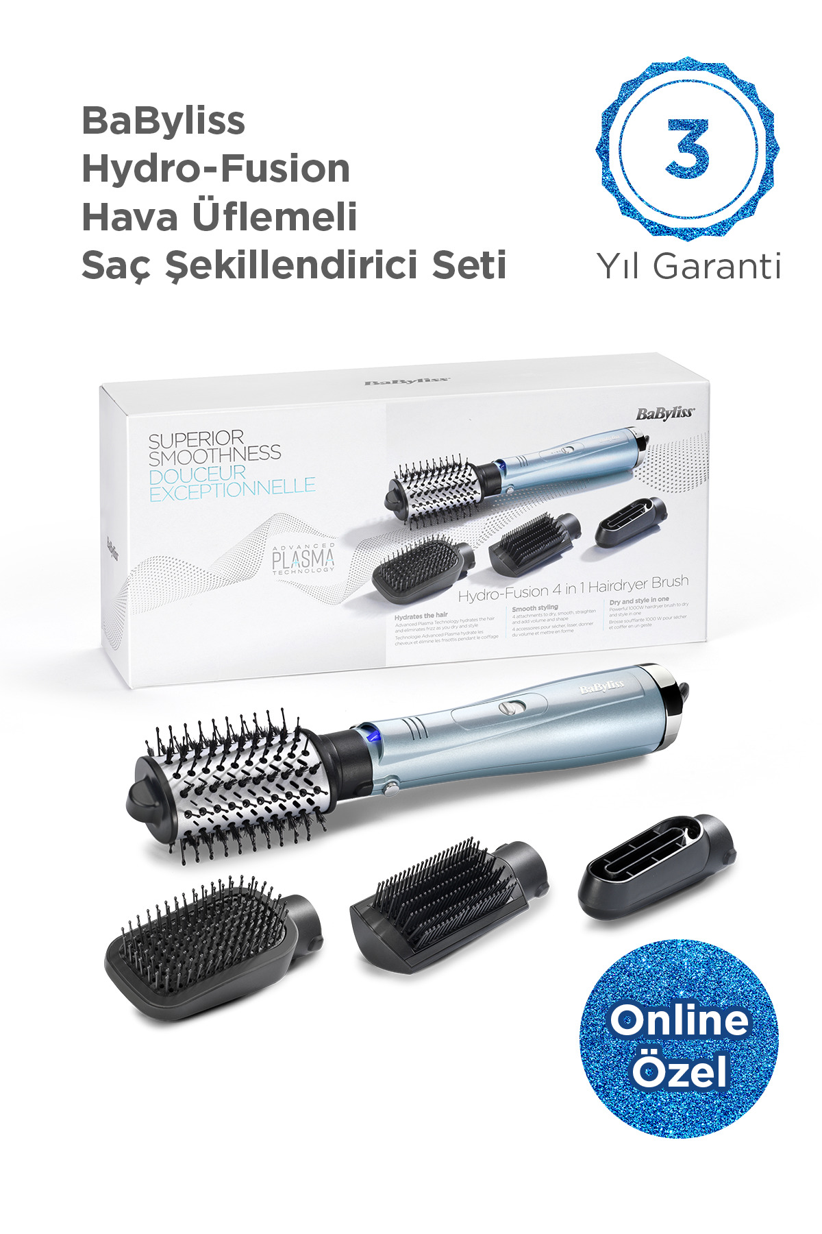 Babyliss Hydro-Fusion Plazma Teknolojili 1000W 4 Başlıklı Hava Üflemeli Saç Şekillendirici Seti Mavi AS774E - Fiyatı, Yorumları