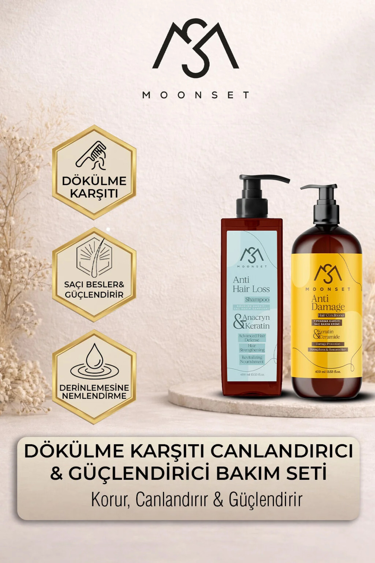 moonset Dökülme Karşıtı Canlandırıcı ve Güçlendirici Güçlü formül,Zengin İçerik,Saç Bakım Seti Şampuan+Krem — moonsetcanlandırıcıset