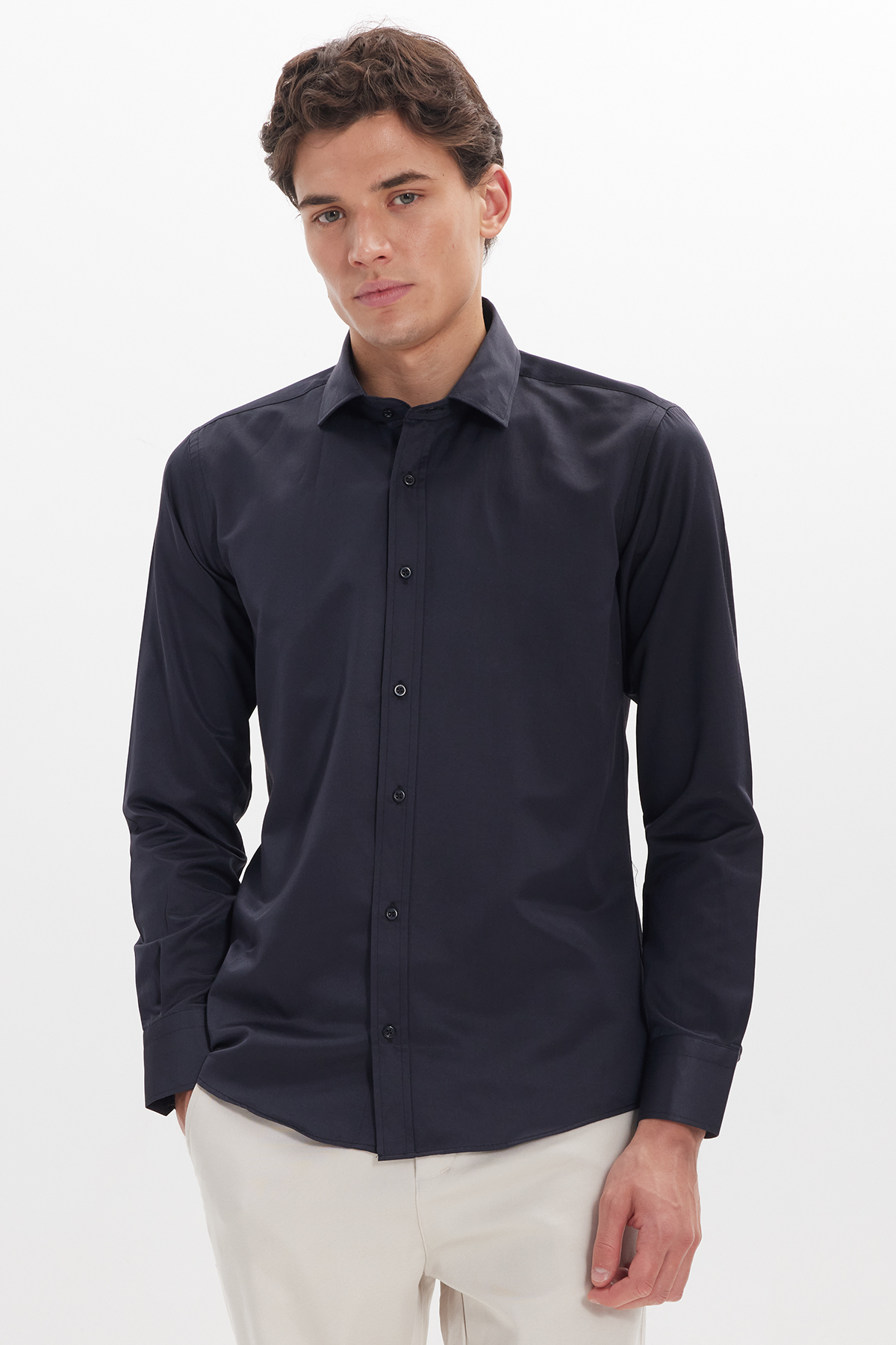 Men's Modern Slim Fit Plain Satin Cotton Navy Blue Shirt