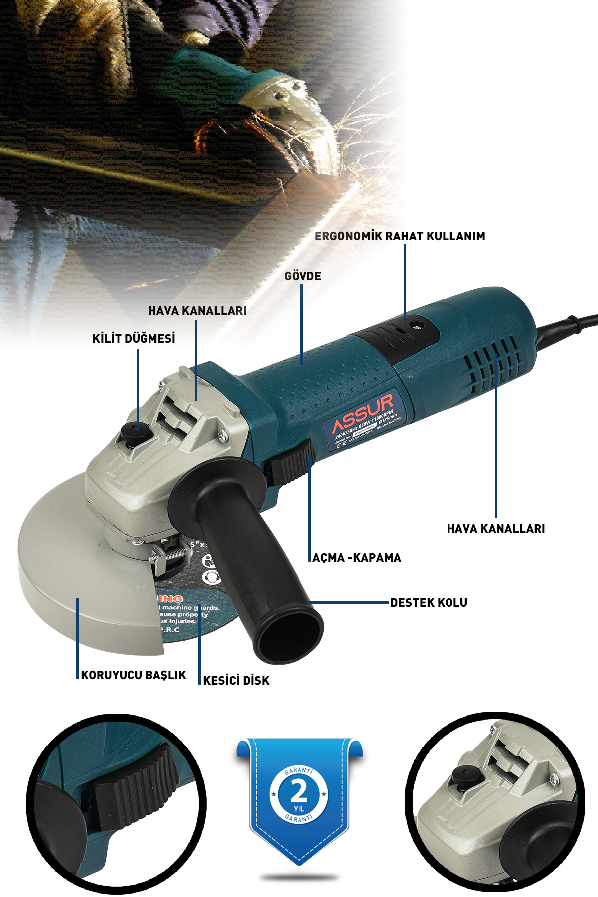 ASSUR 850w Avuç Taşlama Makinesi 125 mm Bakır Sargılı Spiral