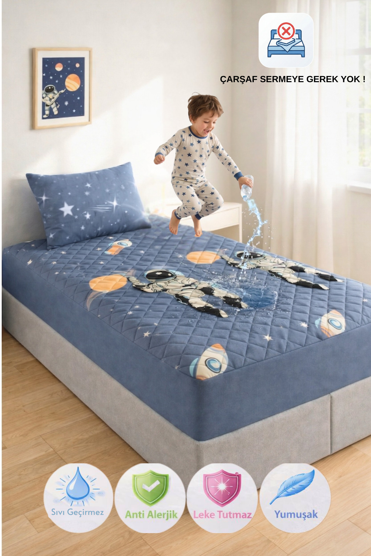 Astronaut Pattern Single Quilted Fitted Water Liquidproof Bed Mattress Set (1 Pillowcase)