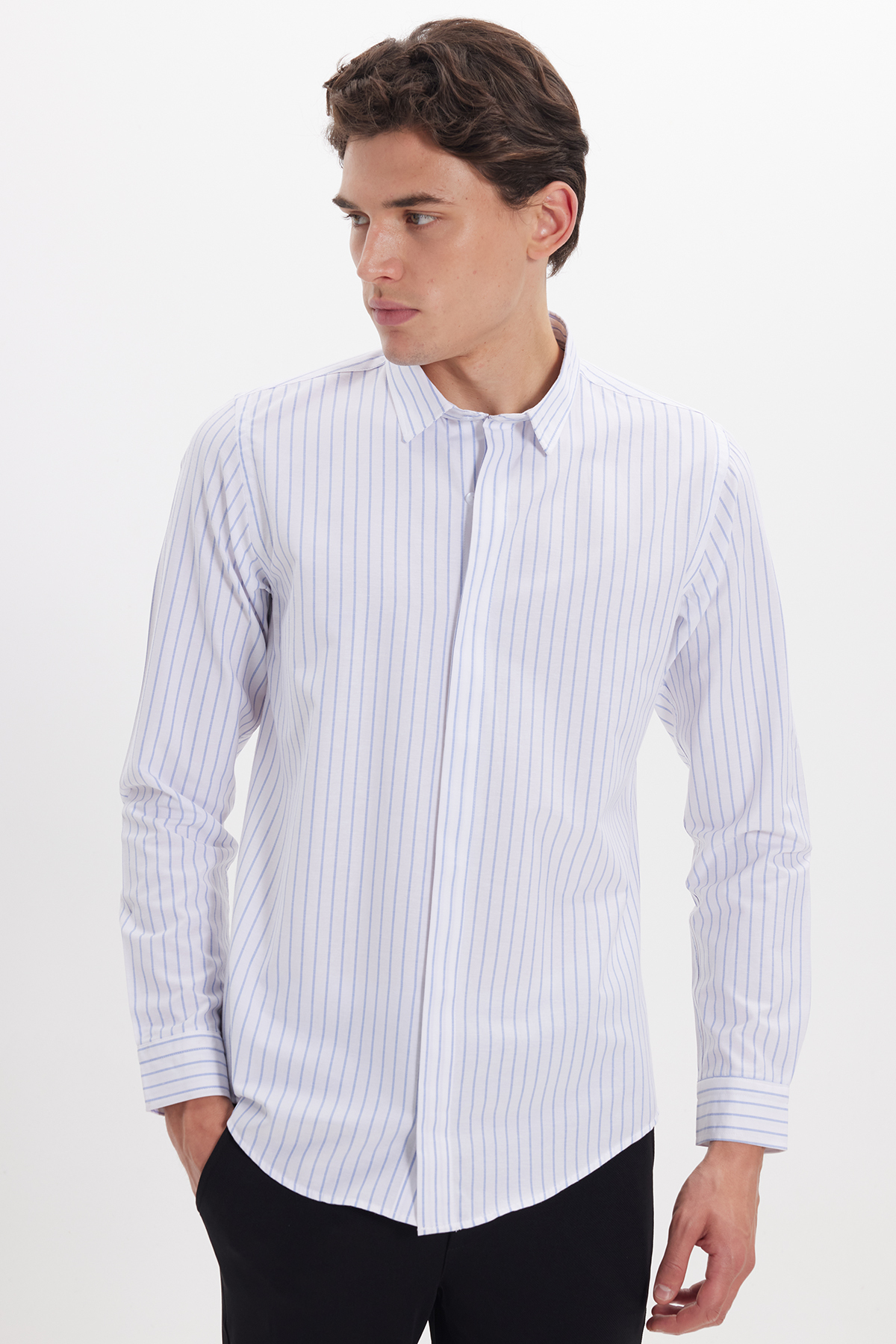 پیراهن تودورز مردانه پنبه-پلی استر سفید بیسیک راه راه Slim Fit/اسلیم فیت    Slim/اسلیم فیت Classical/کلاسیک | Tudors DR210094-800 TR - تصویر 7