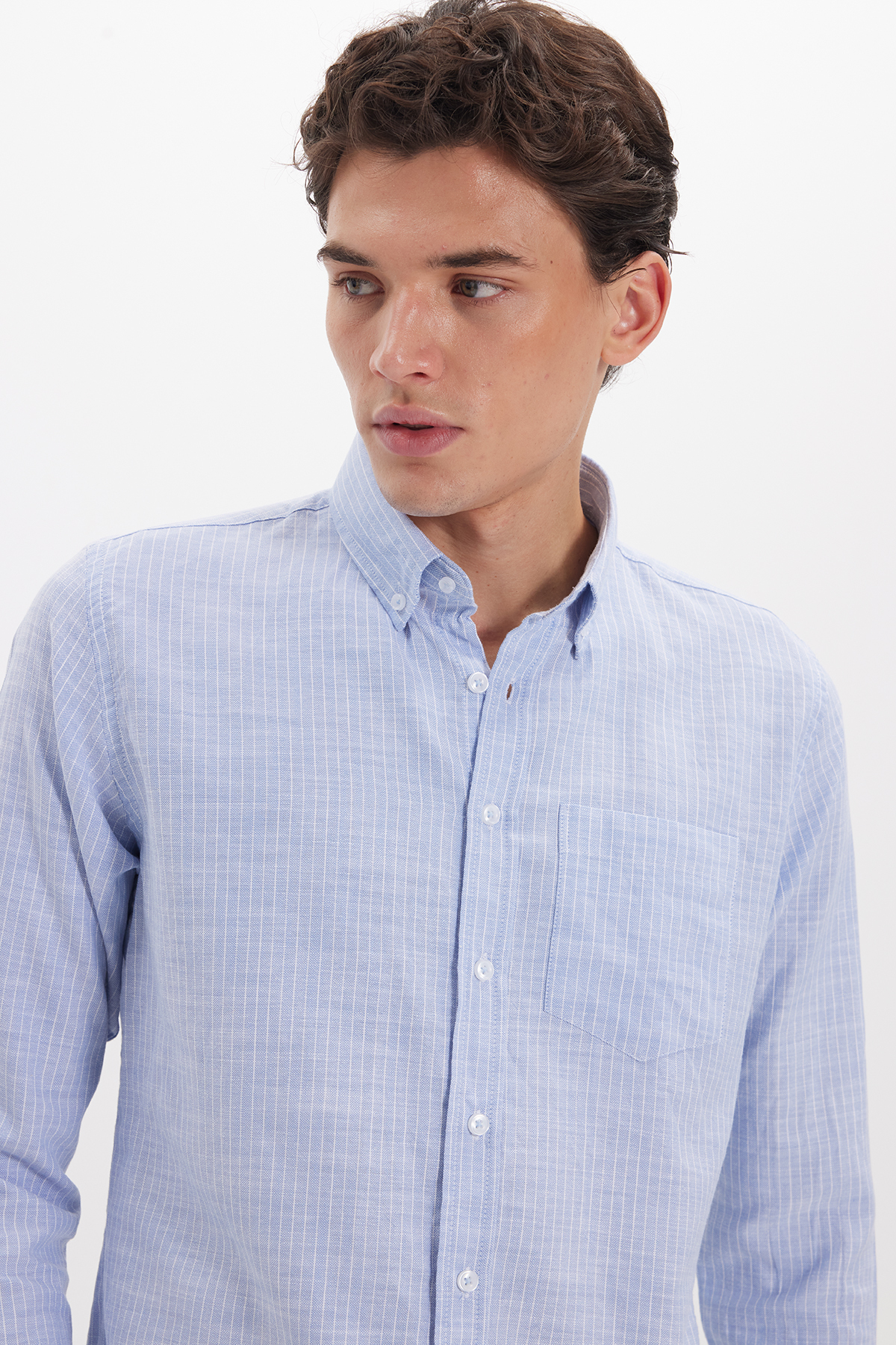 پیراهن تودورز مردانه کتان پنبه ای آبی کژوال / روزمره راه راه Slim Fit/اسلیم فیت    Slim/اسلیم فیت کژوال/روزمره | Tudors DR250031 TR - تصویر 3