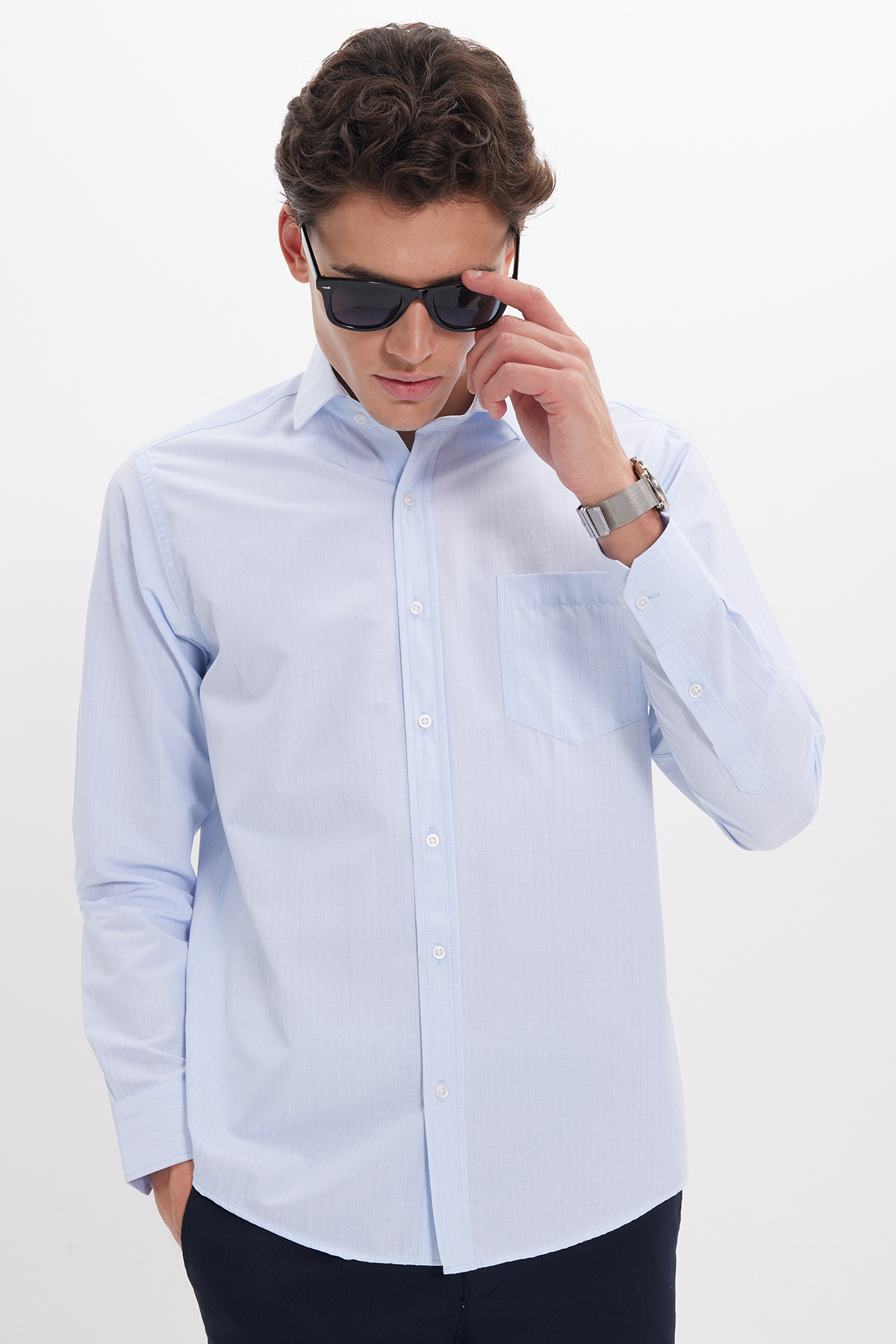 پیراهن تودورز مردانه پنبه-پلی استر آبی  راه راه Slim Fit/اسلیم فیت    بیسیک کژوال/روزمره | Tudors KL190012 TR - تصویر 7