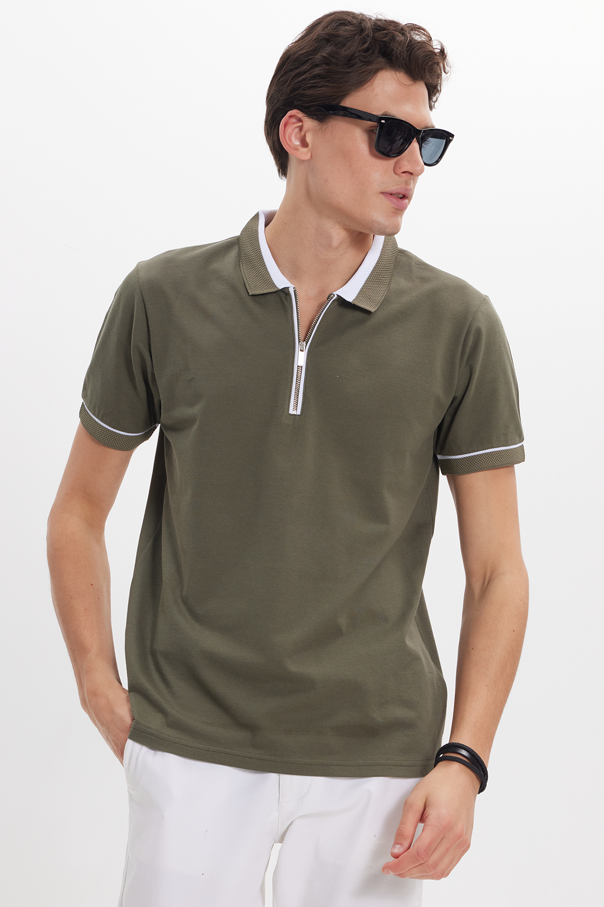 Men's Slim Fit Slim Fit 100% Cotton Plain Pique Zippered Khaki Polo Neck T-Shirt