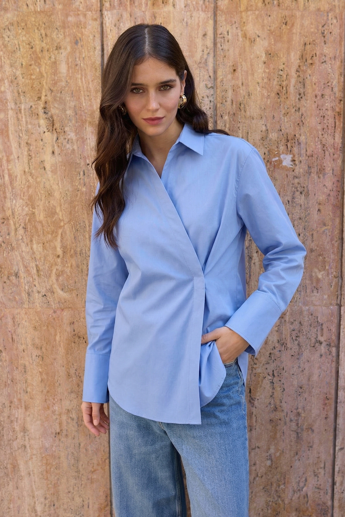 Trendyolmilla Modest Mavi Oversize Bağlama Detaylı Gömlek TCTSS26TG00051