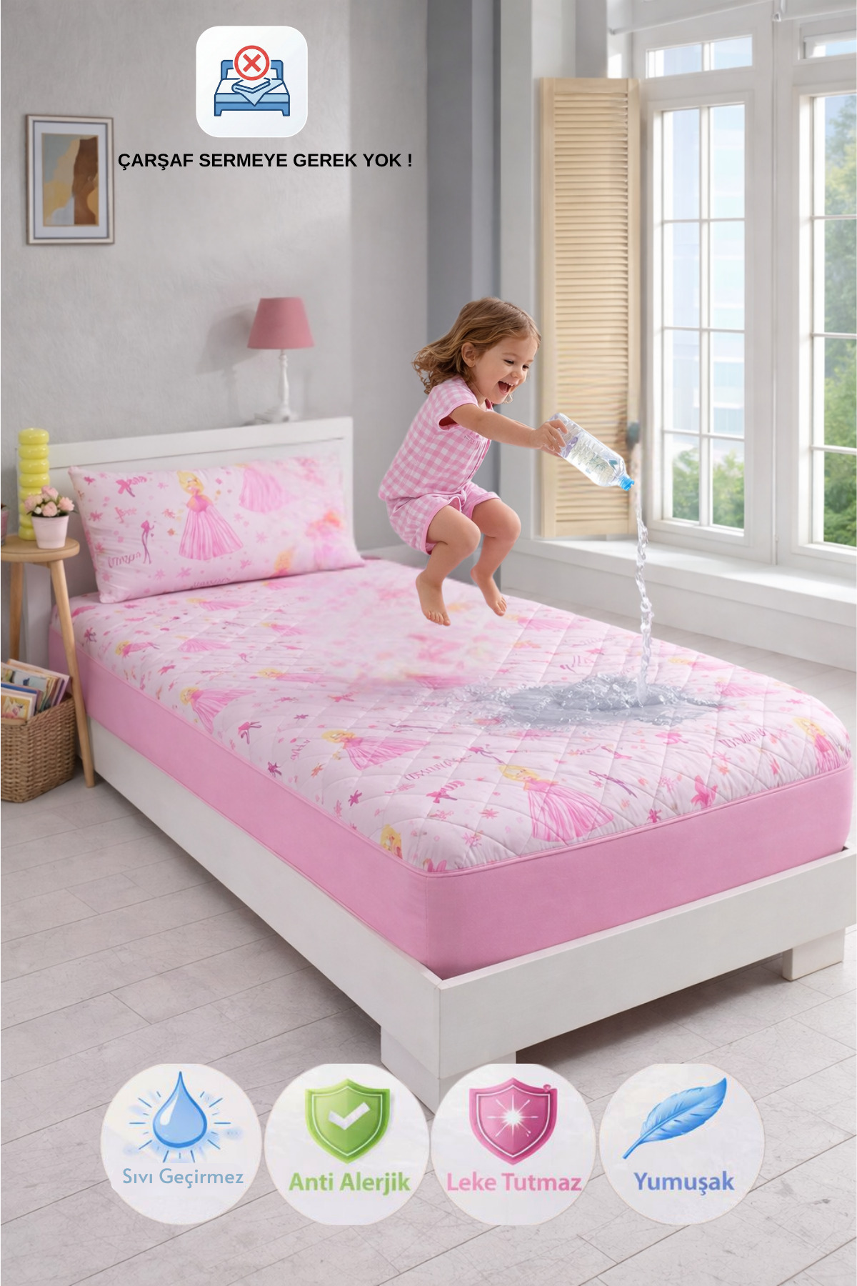 Princess Pattern Single Quilted Fitted Water Liquidproof Bed Mattress Set (1 Pillowcase)