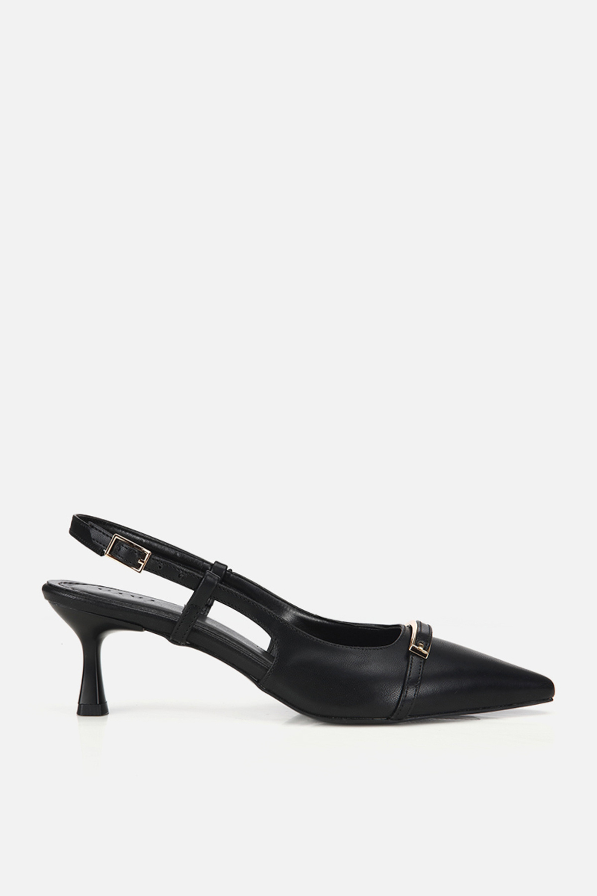 Women's Black Pointed Toe Gold Buckle Open Back Thin Heel Shoes