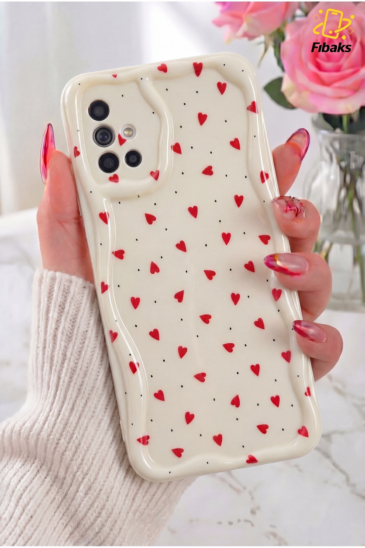 Galaxy A51 Case Camera Shielded Wave Edge Red Heart Pattern Silicone Cover
