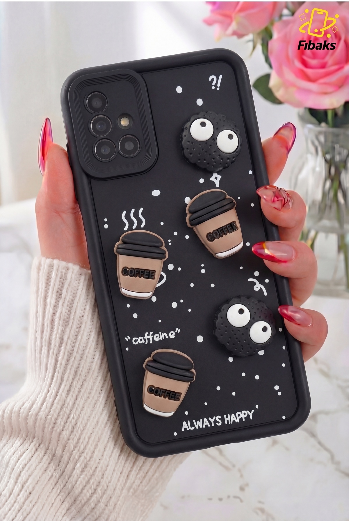 Galaxy A51 Case Design Patterned Camera Protected Coffee Cookie Black Soft Silicone Cup