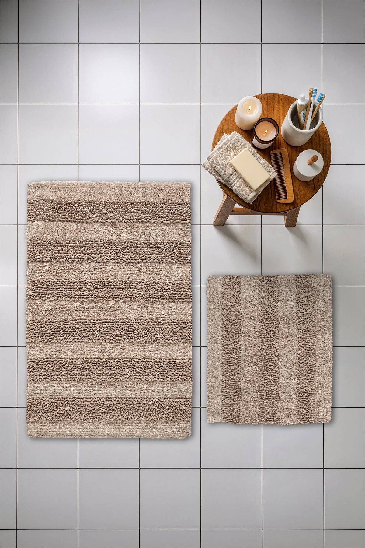 Macaroni 2-Piece Cotton Bath Mat Set Soft Texture Beige Washable 60x100 + 60x50cm, MX001B