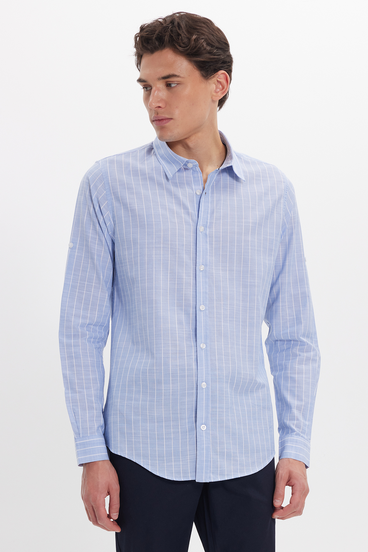 Tudors Erkek Slim Fit Dar Kesim Uzun Kollu %100 Pamuk Keten Doku Çizgili Gömlek