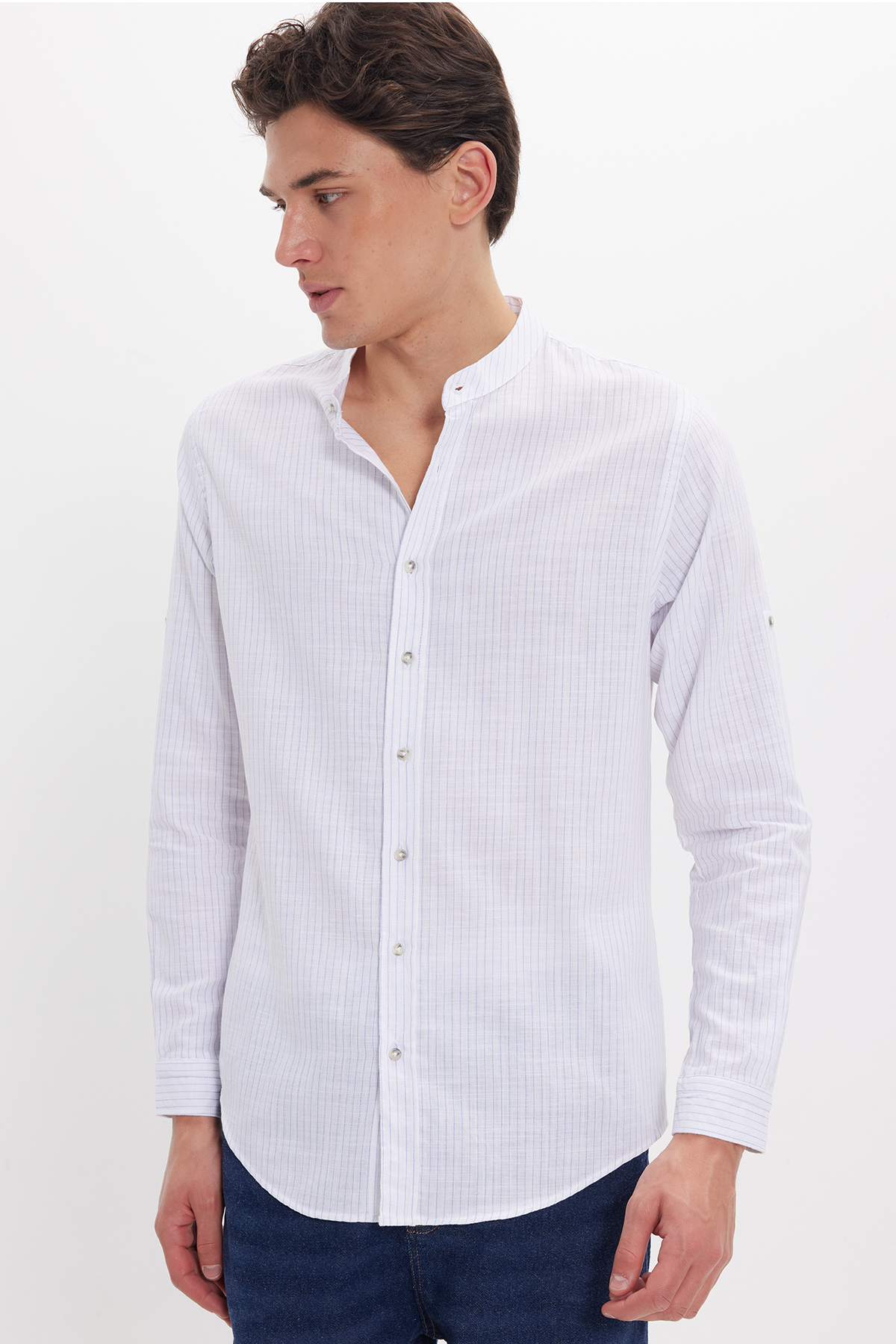 پیراهن تودورز مردانه کتان پنبه ای آبی  راه راه Slim Fit/اسلیم فیت    Slim/اسلیم فیت کژوال/روزمره | Tudors DR240051 TR - تصویر 4