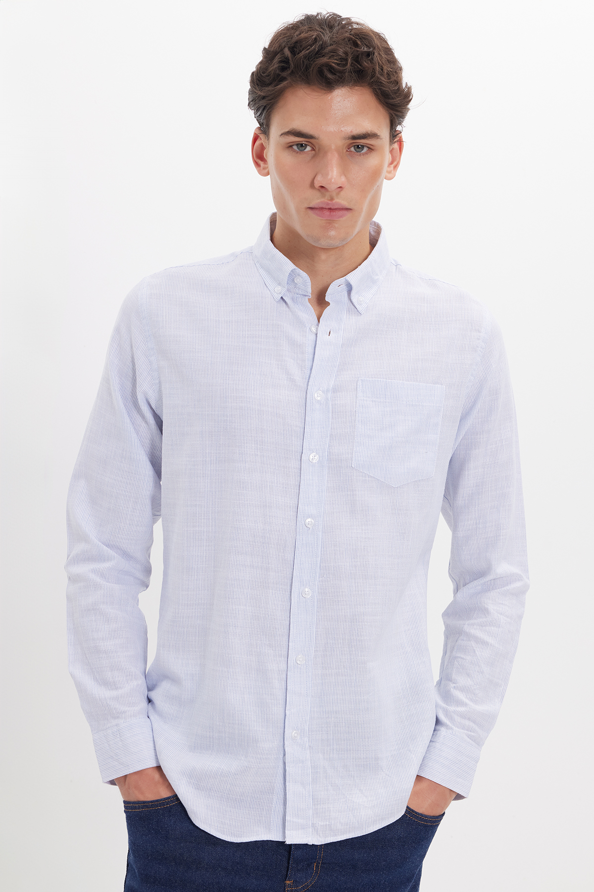 پیراهن تودورز مردانه کتان پنبه ای آبی کژوال / روزمره راه راه Slim Fit/اسلیم فیت    Slim/اسلیم فیت کژوال/روزمره | Tudors DR250031 TR - تصویر 7