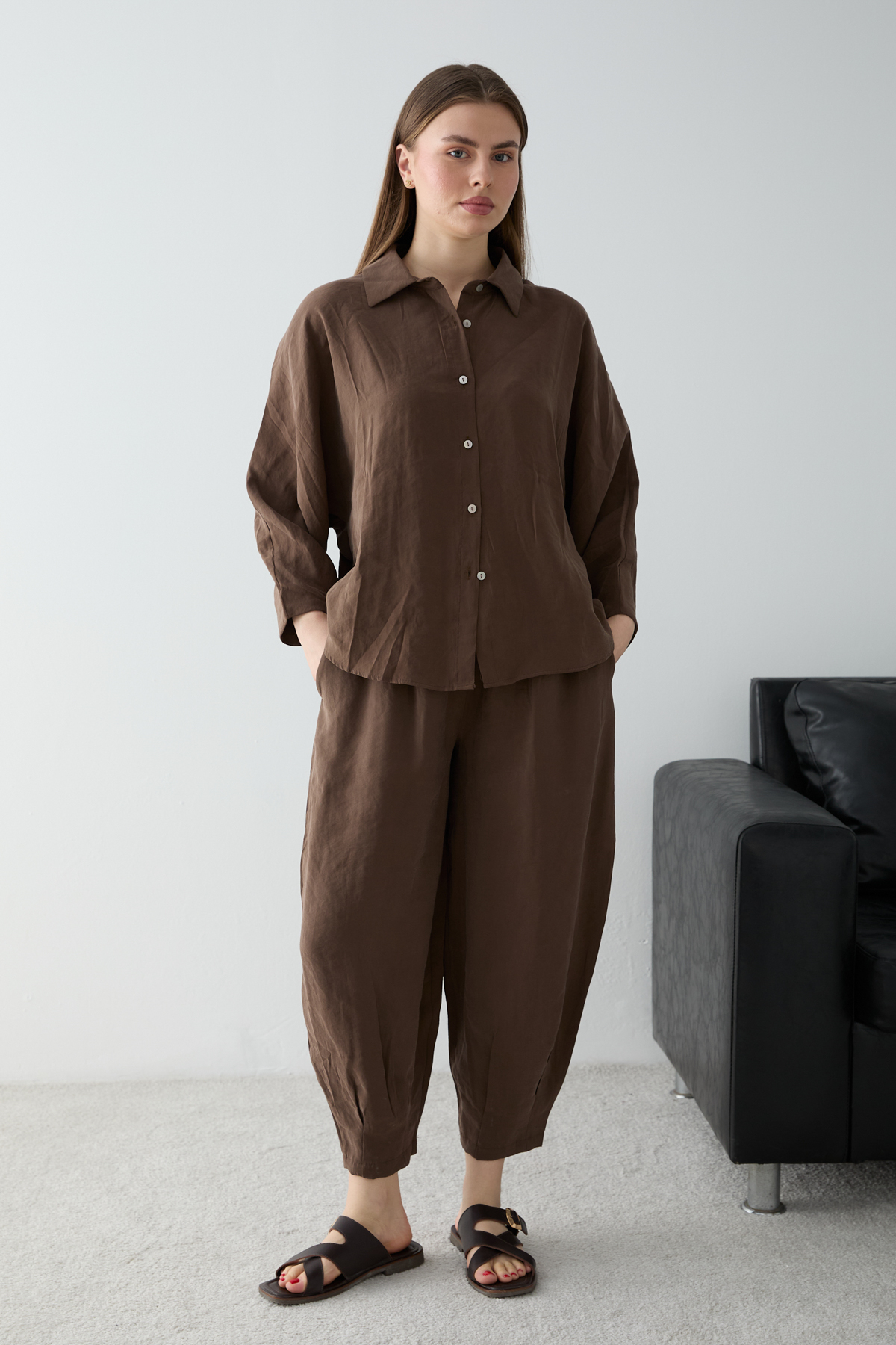 Trendyolmilla Kahverengi Oversize Gömlek Pantolon Alt - Üst Takım TWOSS26AU00179