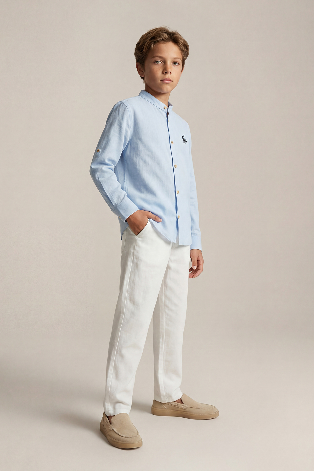 TRENDYOLKIDS Baby Blue košeľa s elastickým pásom a golierom Dokuma Tkané noha...
