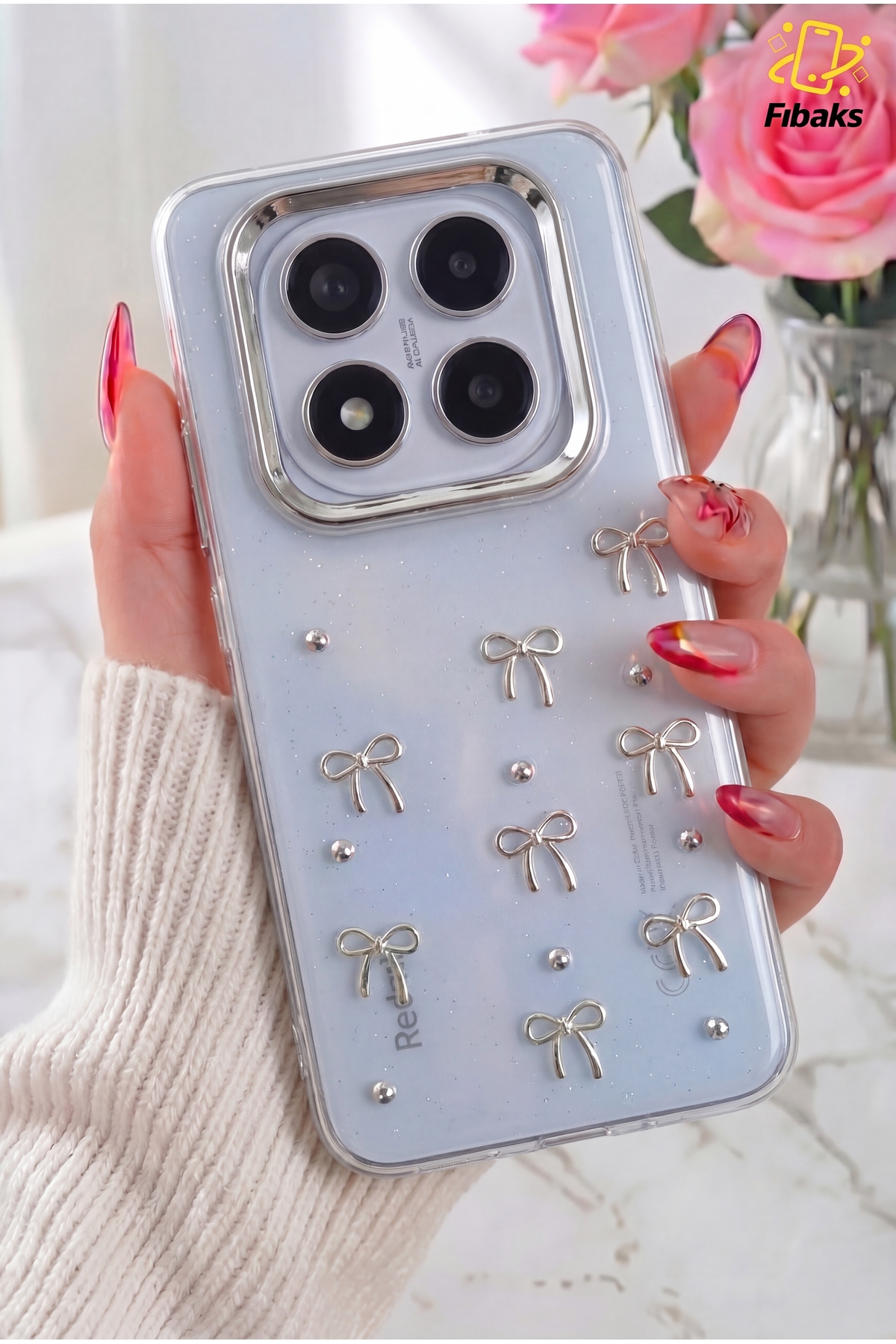 Redmi Note 14 Pro 4G/5G Case Bow Pattern Transparent Glitter Silver Camera Protruding Shiny Cover