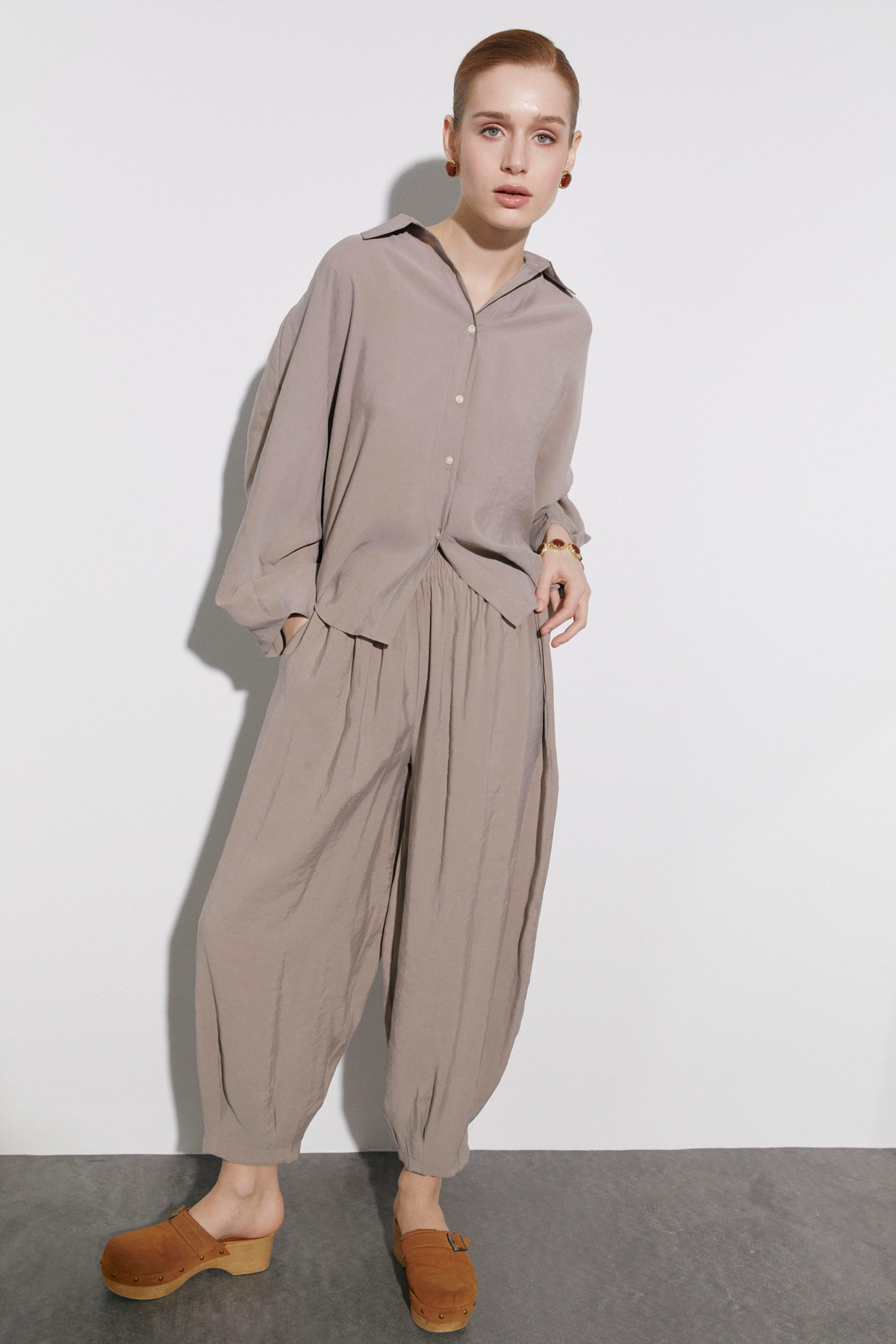 Trendyolmilla Vizon Oversize Gömlek Pantolon Alt - Üst Takım TWOSS26AU00179