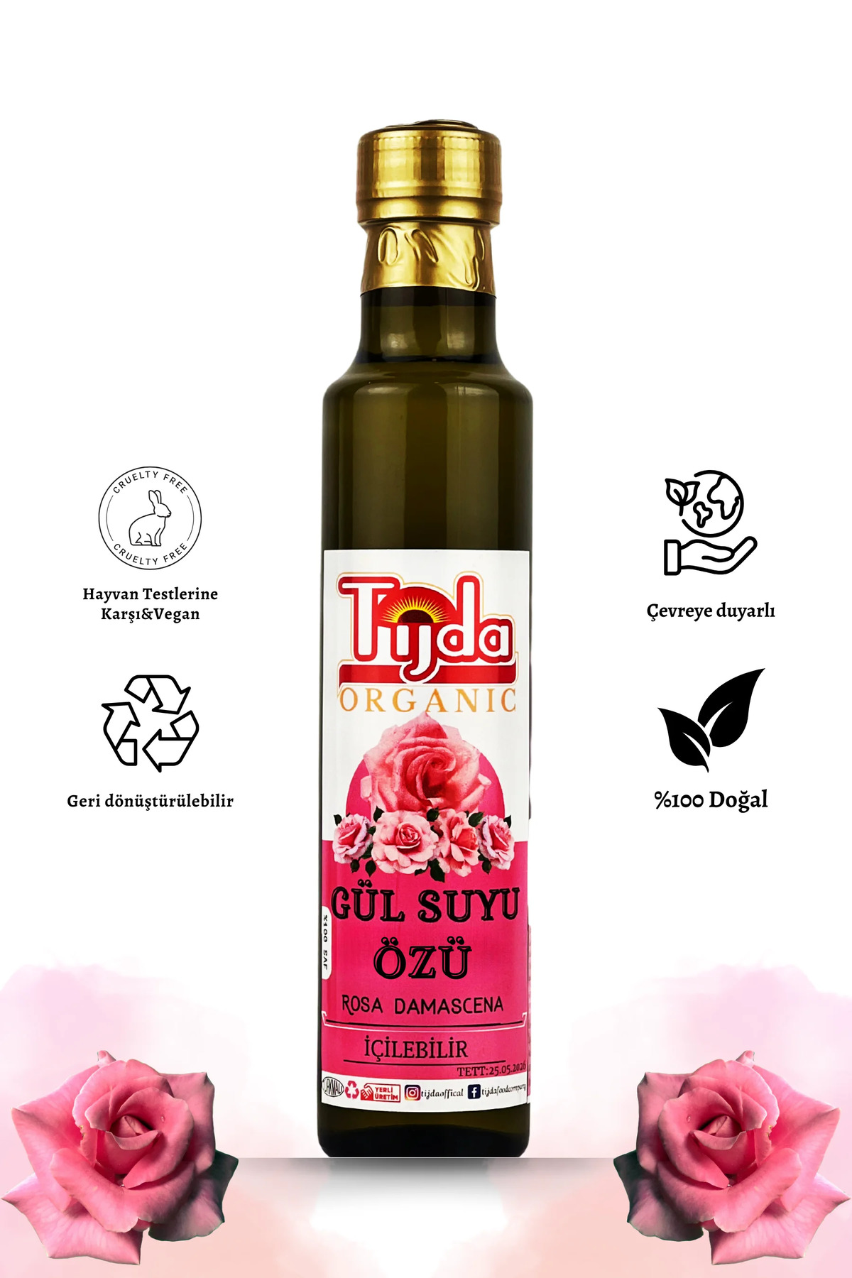 TİJDA Gül Suyu %100 Saf ve Doğal Özü 250 ml (Doğal İçilebilir ve Sürülebilir) Gülsuyu — TJD-GÜLSY-250ML