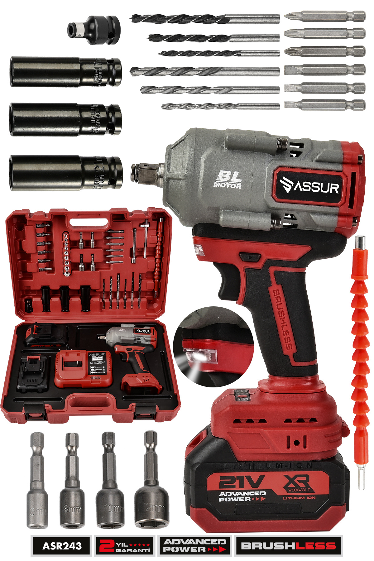 Double Battery 10 Battery 1/2 Red Rechargeable Nut Tightening Removal Machine with 21V 1100 NM Torque