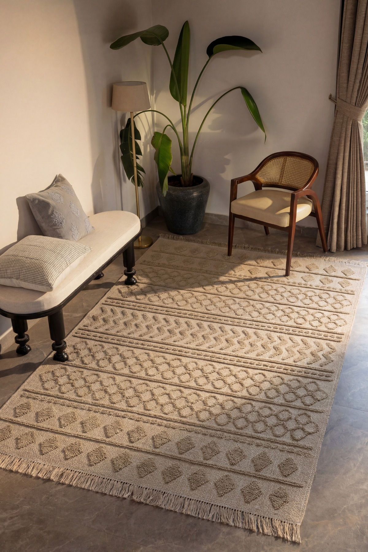 Rustica Beige Jute Carpet Bohemian Rustic Ethnic Pattern Anti-Slip Machine Woven Decorative Wicker Jute Balcony Rug