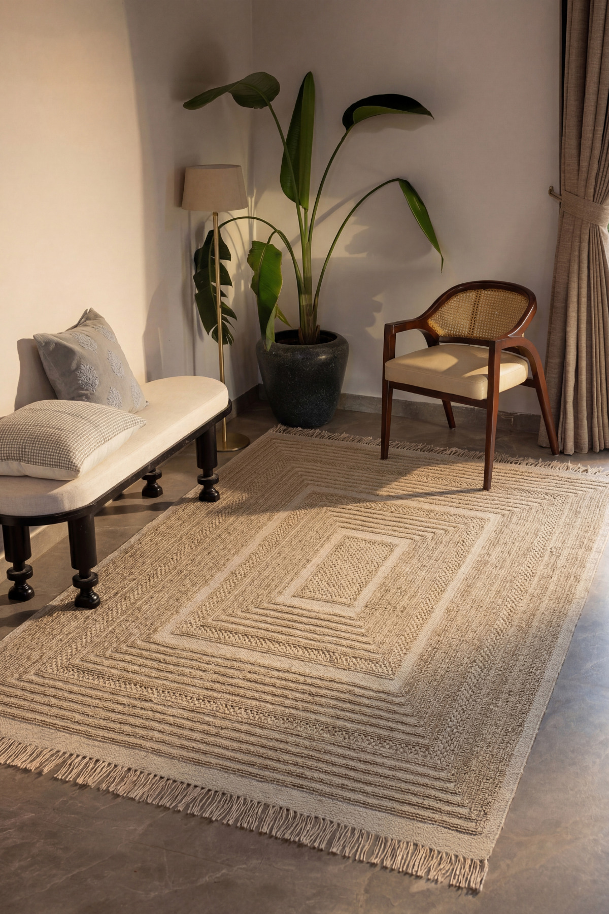 Rustica Beige Jute Rug Modern Embossing Pattern Anti-Slip Sole Bohemian Scandinavian Style Decorative Jute Rug