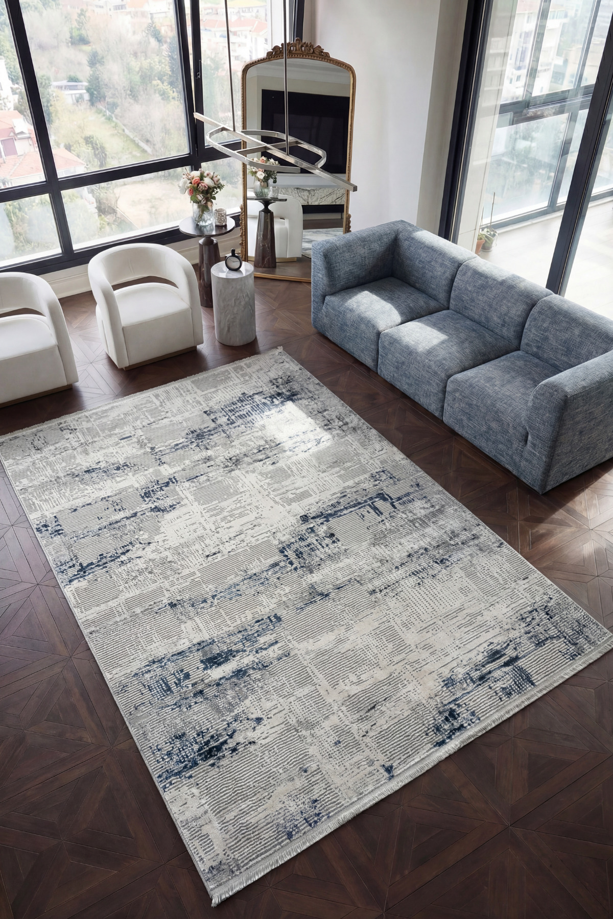 Verona 1909 Blue Living Room Carpet Corridor Cutting Runner Soft Texture Anti-Slip Dust Non Woven Machine Rug